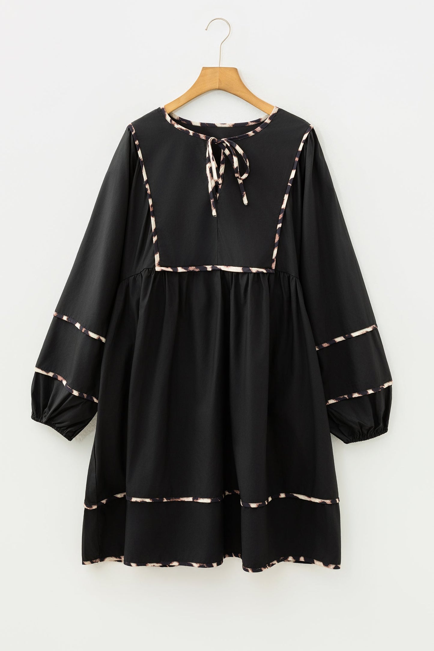 Plus Size Leopard Contrast Trim Tie-Neck Mini Dress