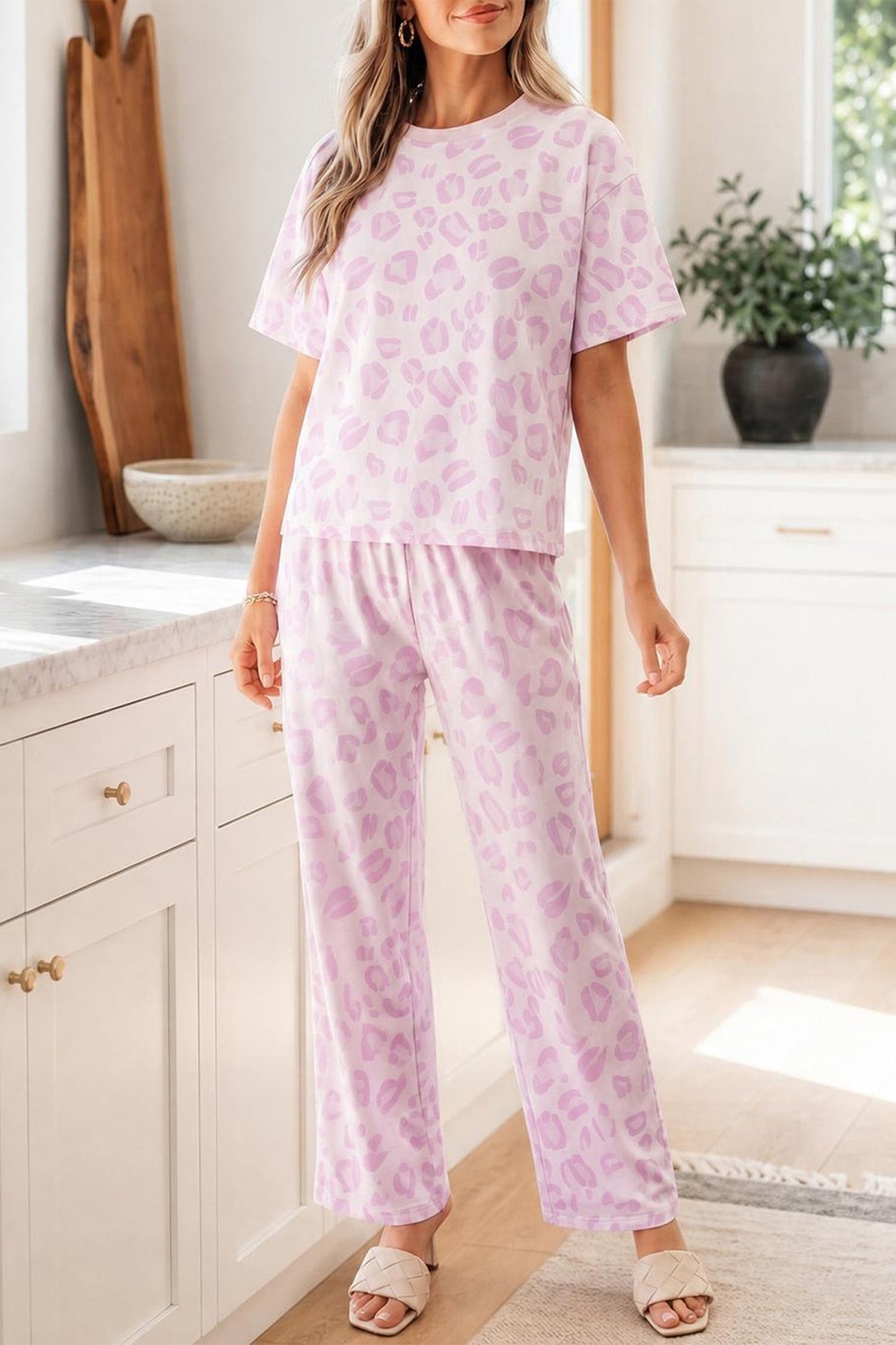 Leopard Short Sleeve Top and Pants Set