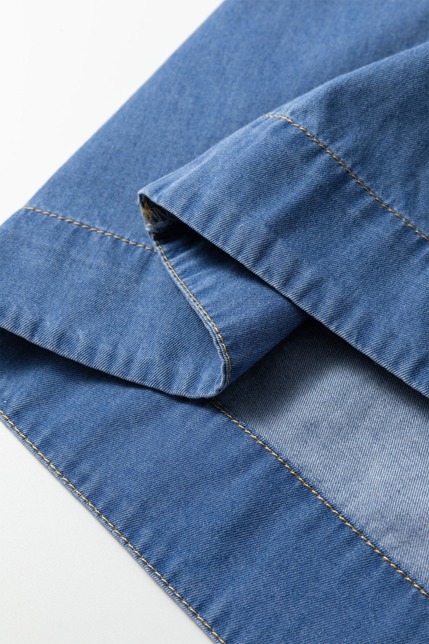 Denim Pleated Half Buttoned Short Sleeve Top
