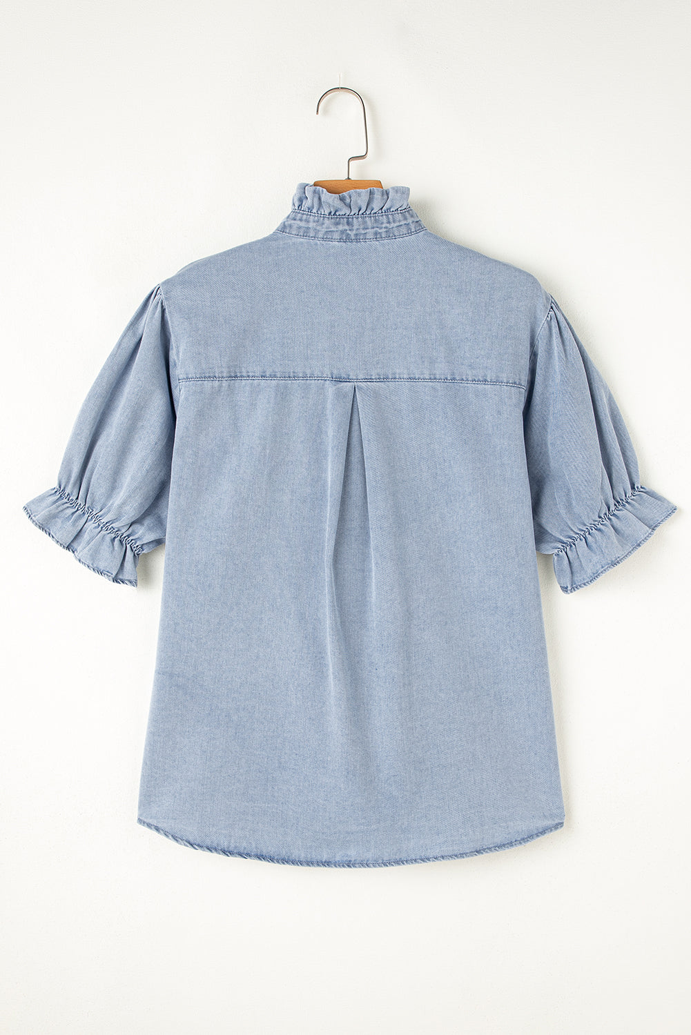 Chambray Ruffle Short Puff Sleeve Summer Shirt