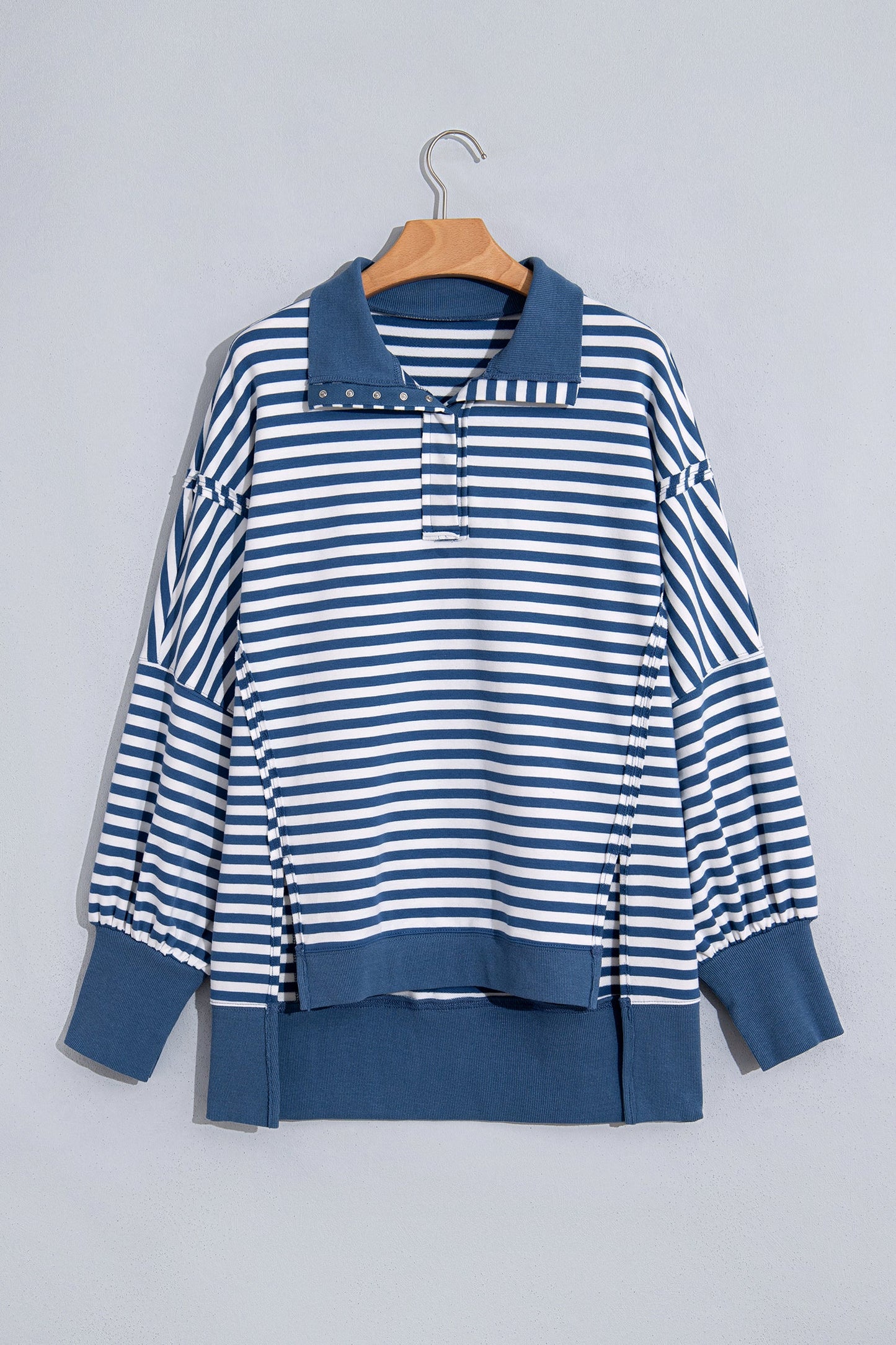 Stripe Colorblock Trim Raw Seam Split Hem Sweatshirt