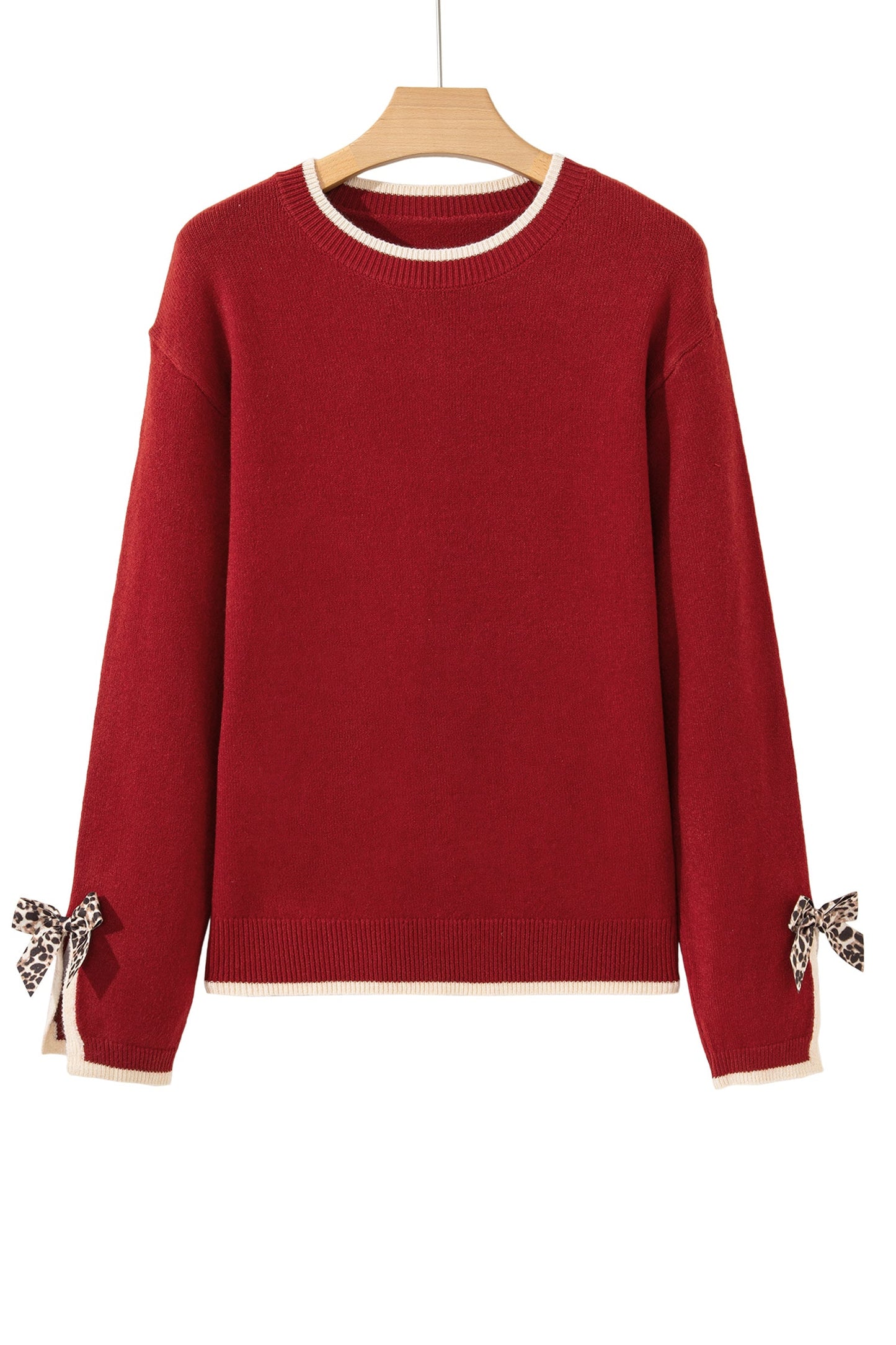 Leopard Bow Split Cuff Contrast Trim Sweater