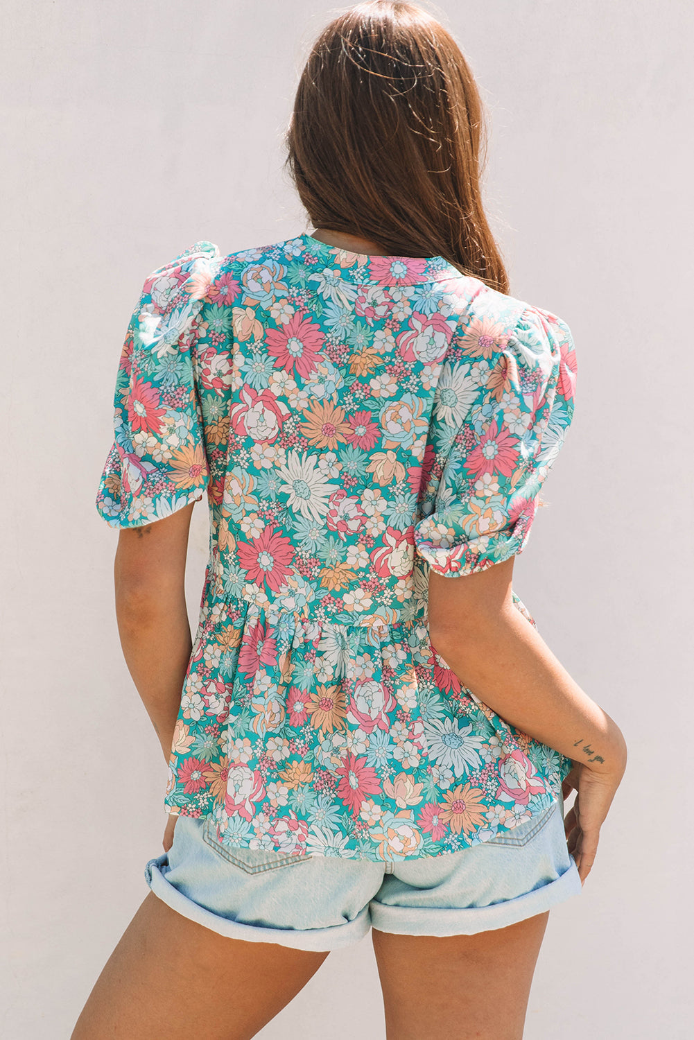 Floral Notched Neck Puff Short Sleeve Blouse