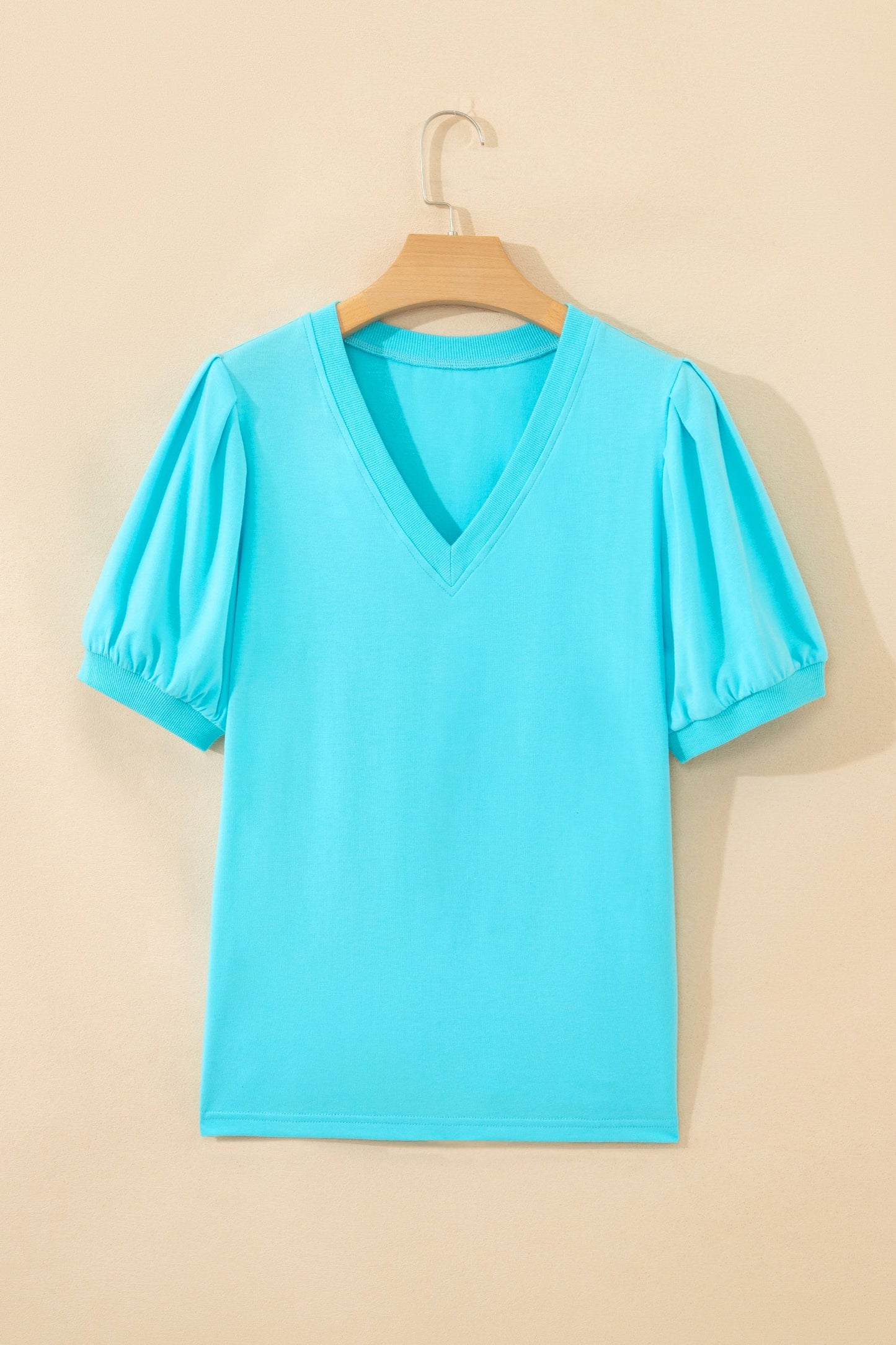 Solid V-Neck Short Puff Sleeve Blouse