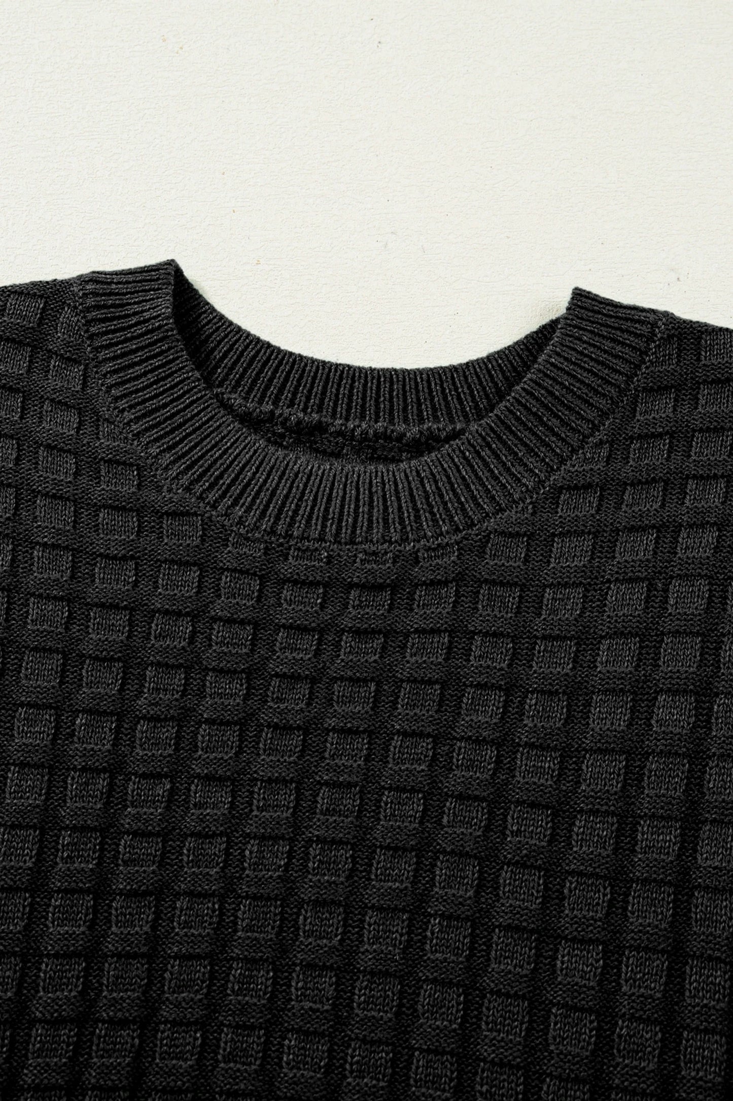 Solid Textured Round Neck Short Sleeve Sweater