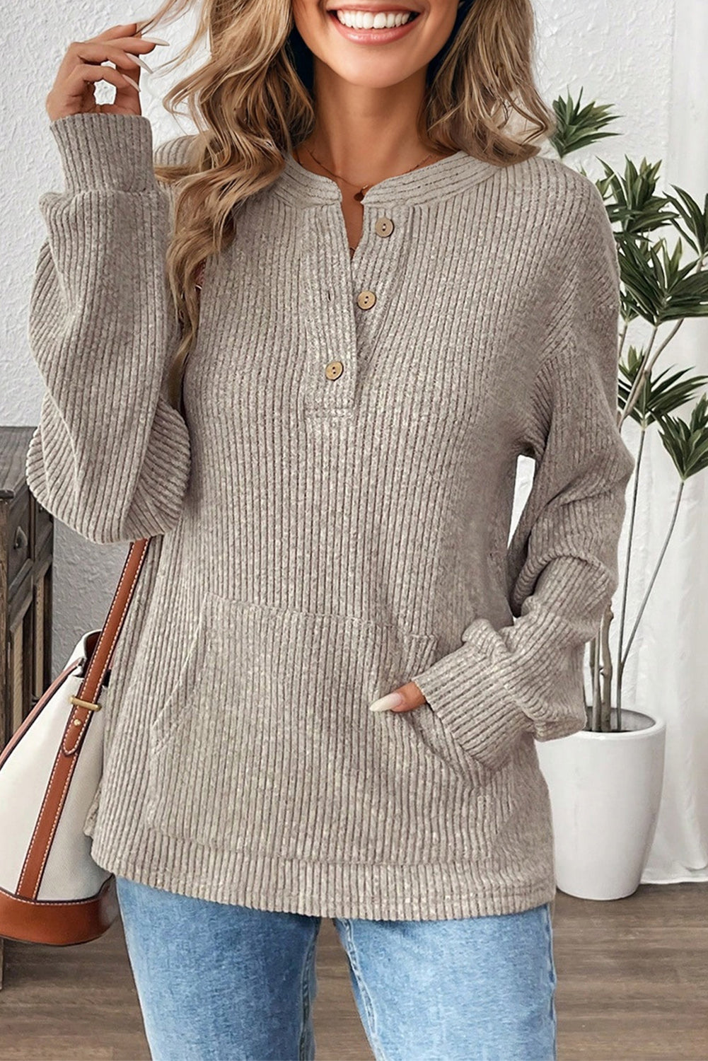 Solid Ribbed Knit Textured Drop Shoulder Henley Top