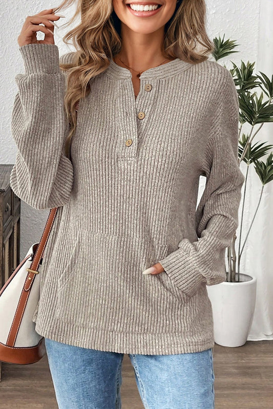 Solid Ribbed Knit Textured Drop Shoulder Henley Top