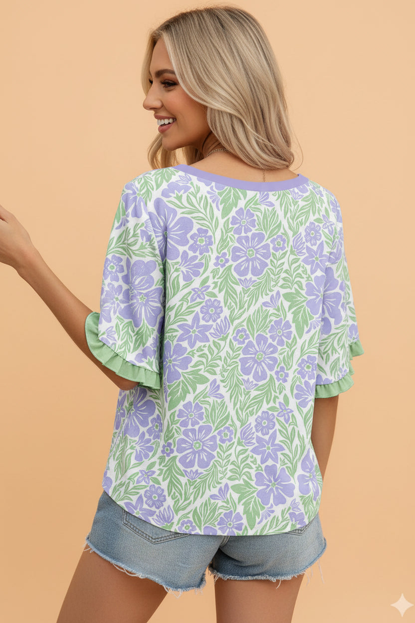 Floral Ruffle Colorblock Trim Short Sleeve Blouse