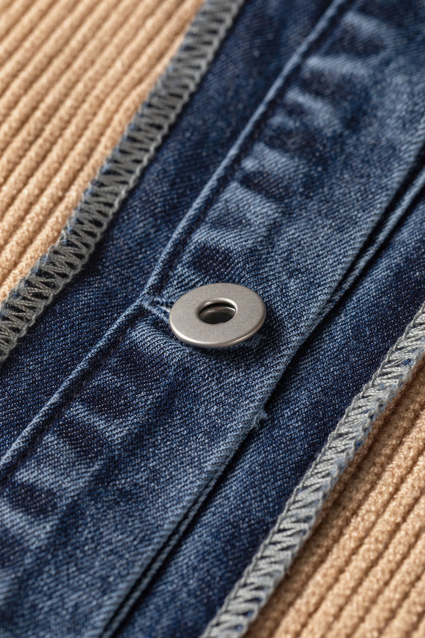 Denim Patchwork Collar Ribbed Knit Buttoned Cardigan