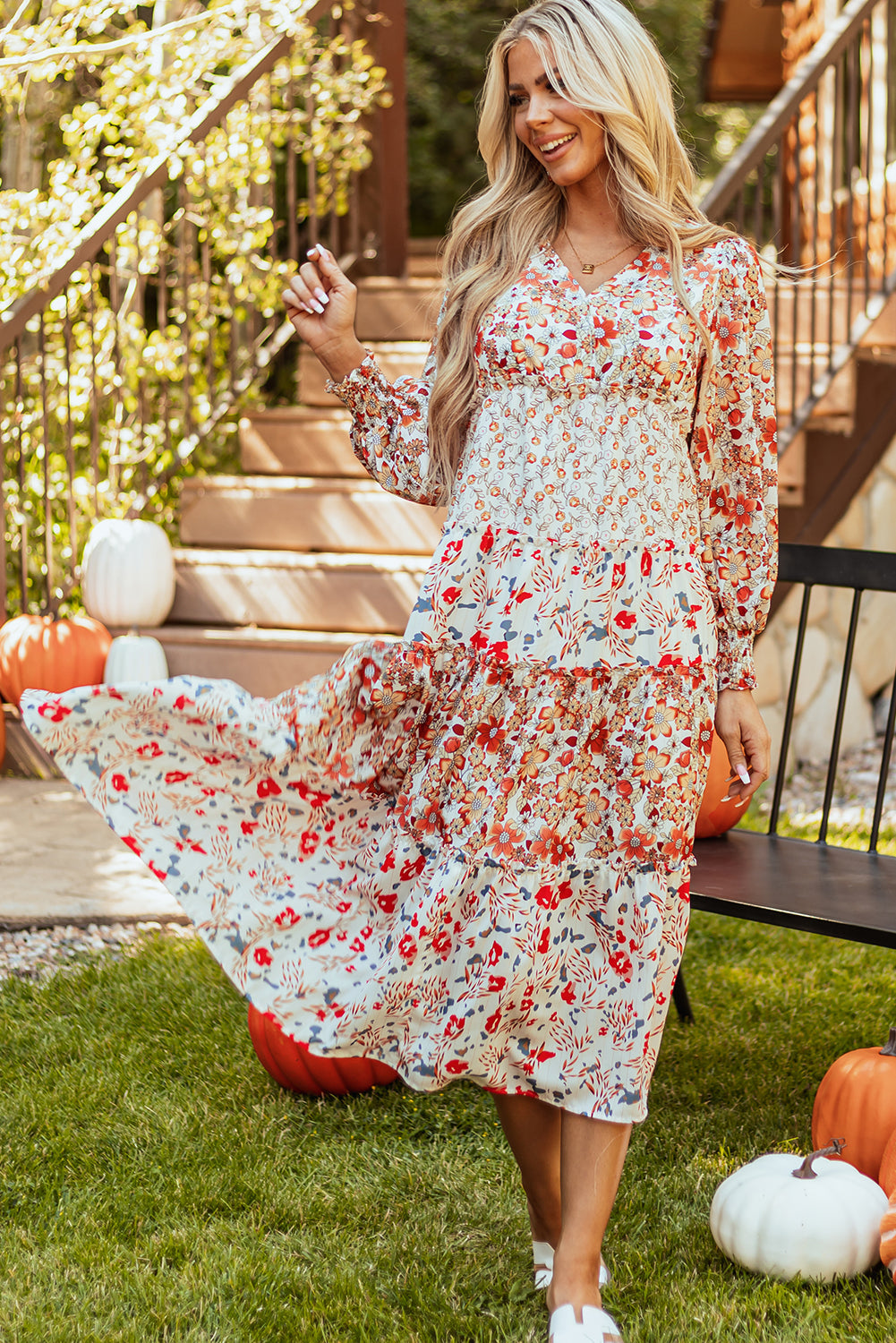 Floral V-Neck Ruffle Long Sleeve Midi Dress