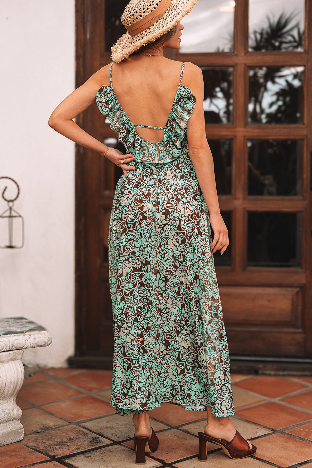 Floral V-Neck Ruffle Trim Backless Tassel Waist Dress