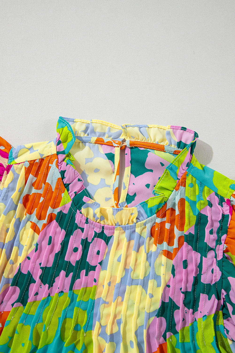 Abstract Pleated Flutter Sleeve Loose Fit Blouse