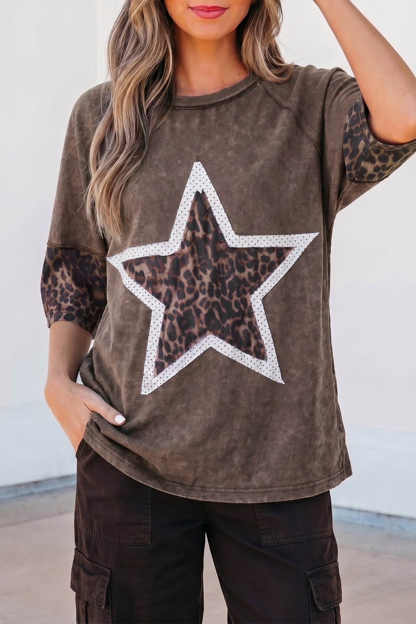 Leopard Star Patched Mineral Wash Exposed Seam T-Shirt