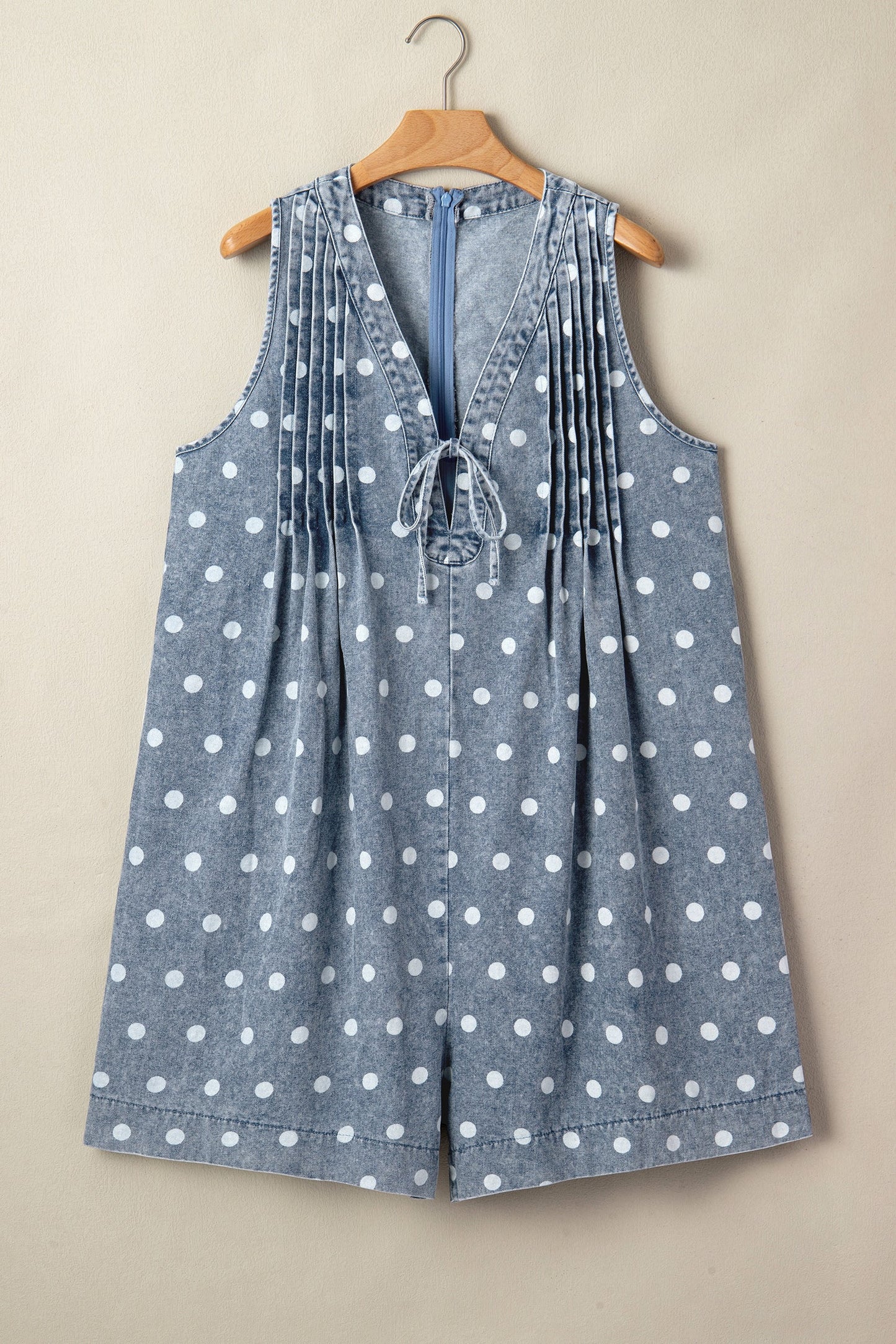 Polka Dot Denim Tie V-Neck Pleated Romper
