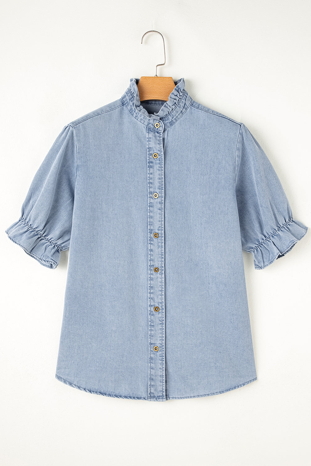 Chambray Ruffle Short Puff Sleeve Summer Shirt