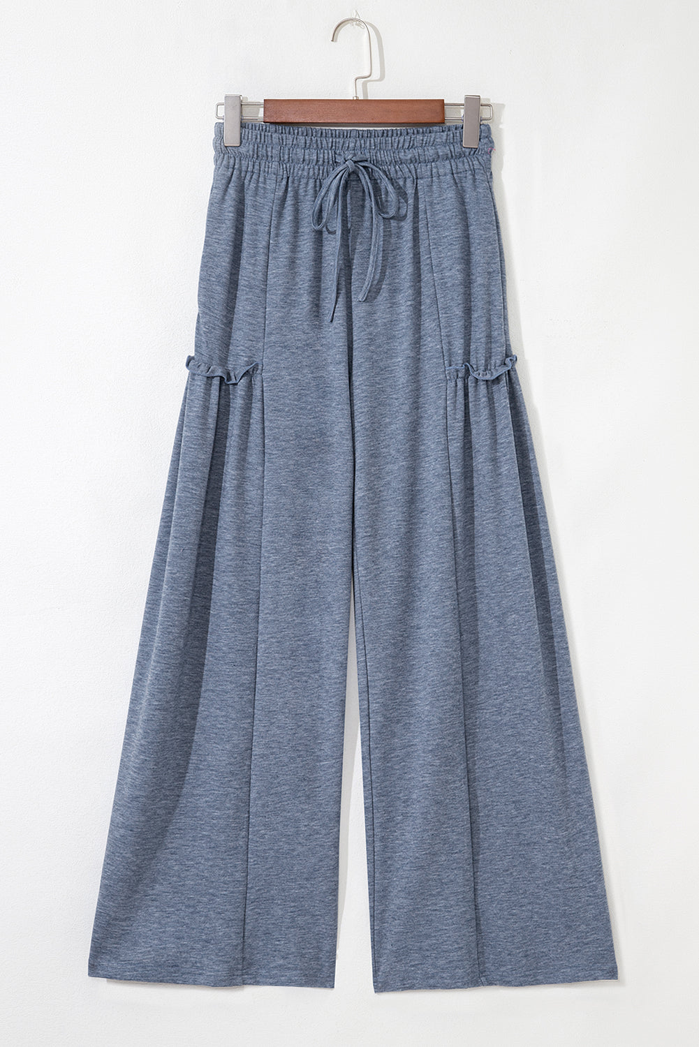 Solid Frilled Leg Drawstring Elastic Waist Pants