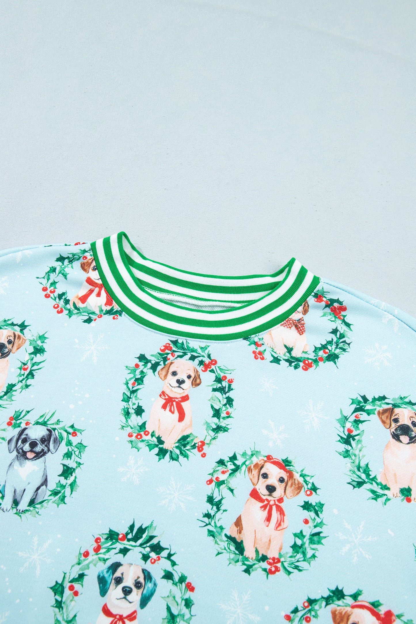 Christmas Wreath Dog Print Stripe Contrast Trim Sweatshirt
