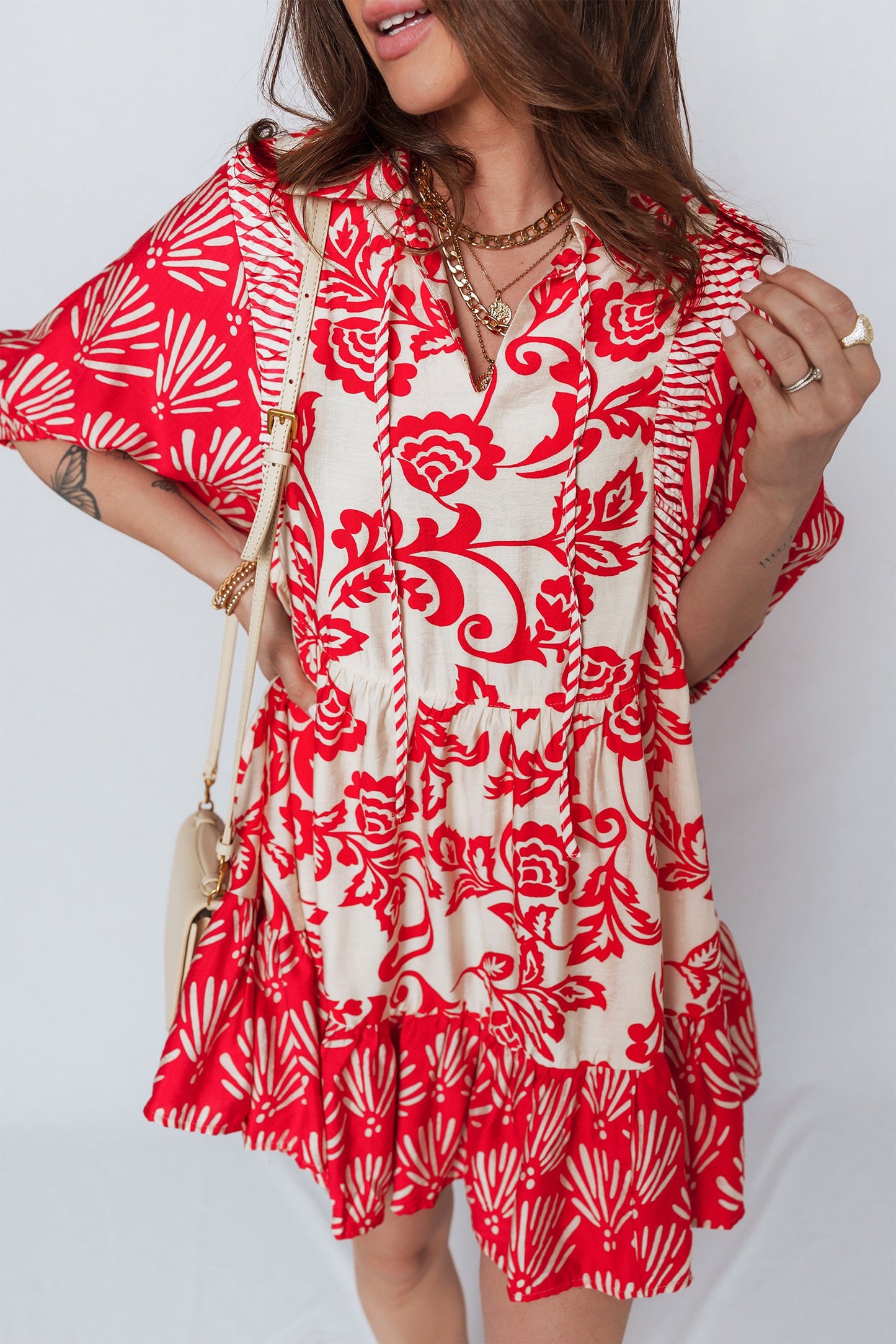 Flower V-Neck 3/4 Sleeve Collar Mini Dress