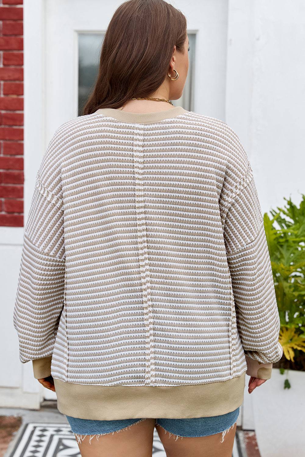 Plus Size Stripe Knit Ribbed Long Sleeve Top