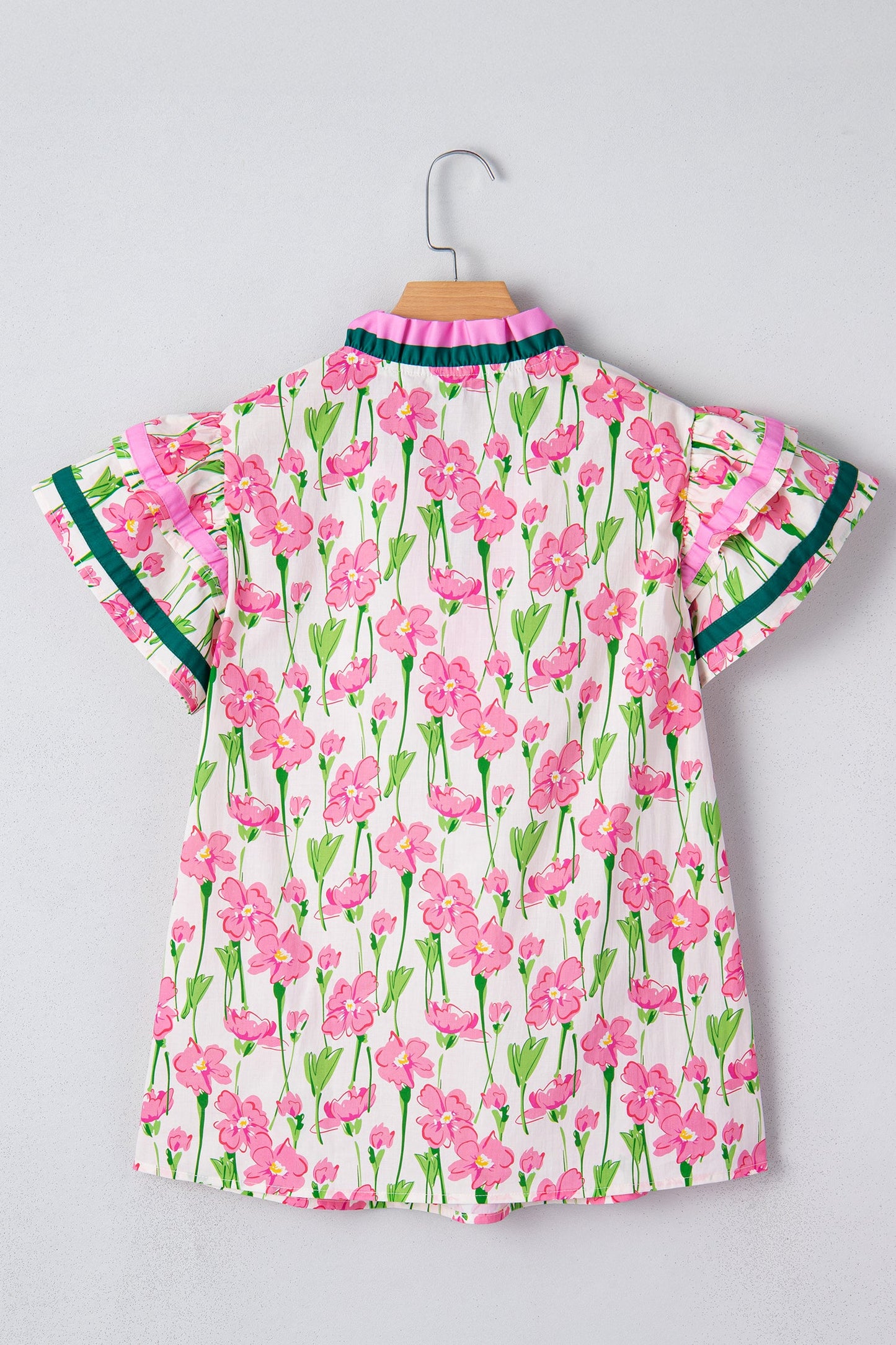 Floral Contrast Trim V-Neck Ruffle Short Sleeve Blouse