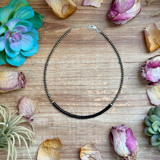 14” Black Onyx Heishi Necklace – Sterling Silver Pearls & Saucers