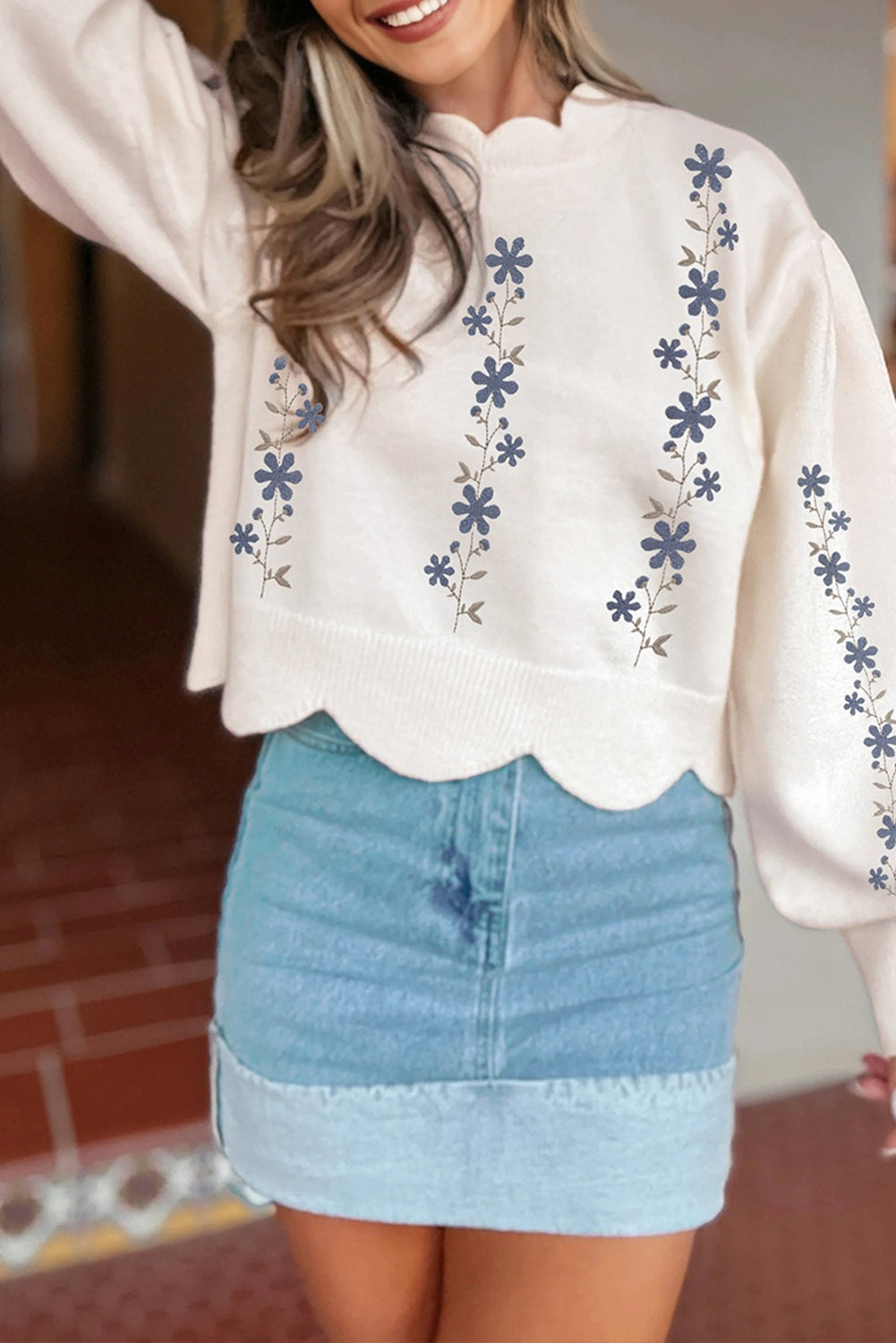 Floral Embroidered Scallop Hem Sweater