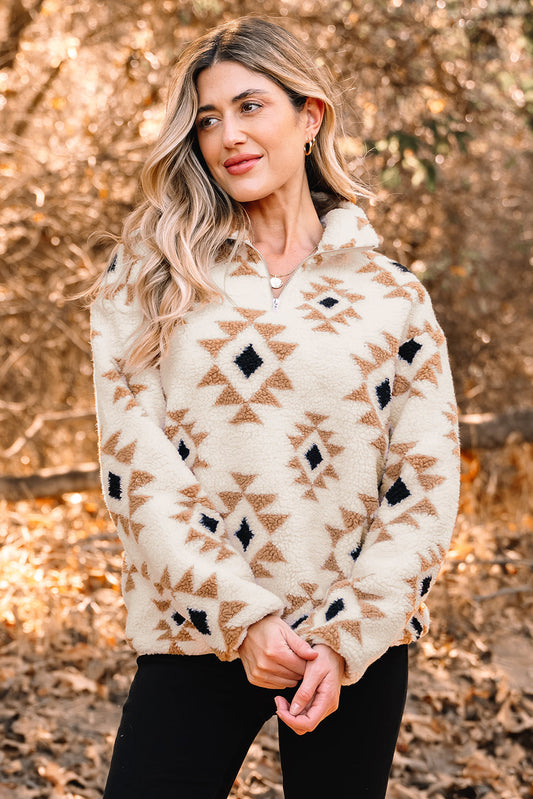 Western Aztec Sherpa Quarter-Zip Collared Sweatshirt