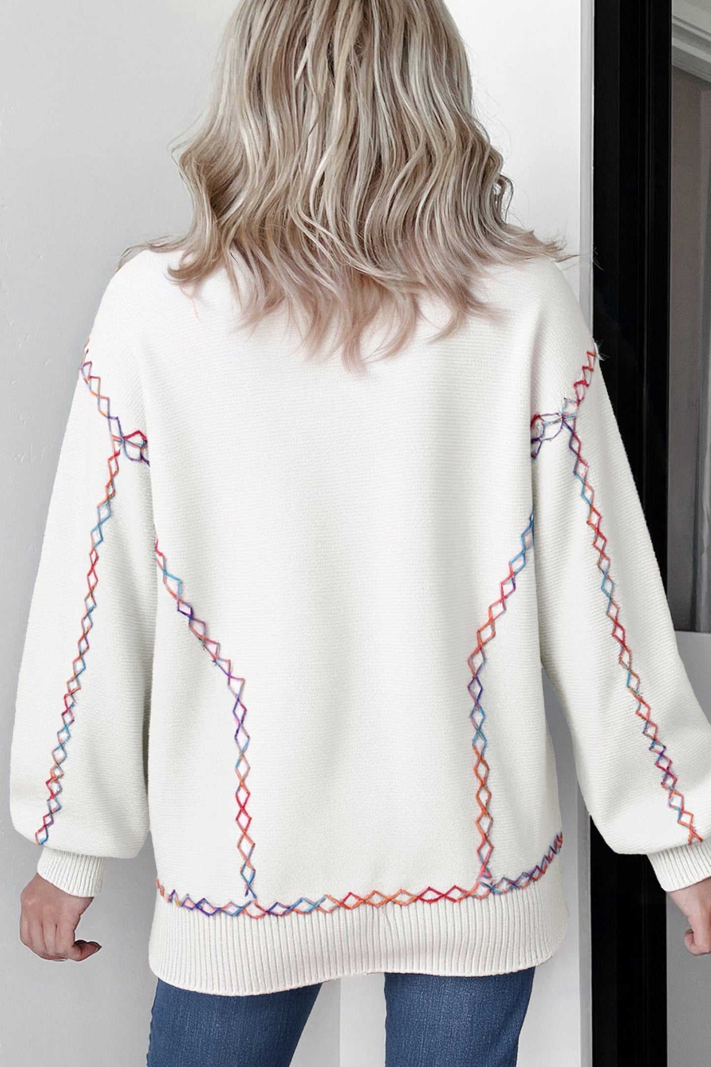 Rainbow Stitching Balloon Sleeve Sweater