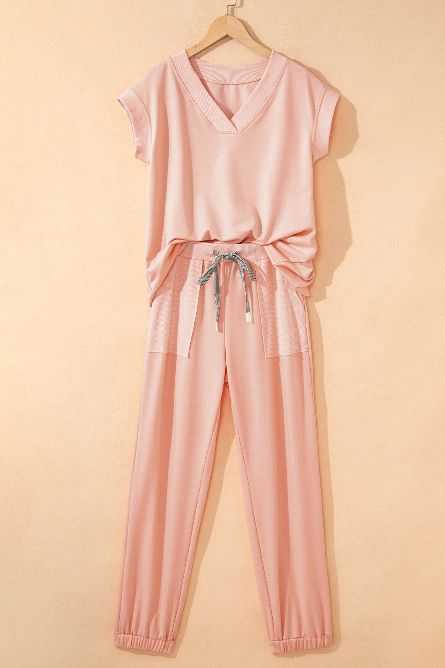 Solid V-Neck Tee & Drawstring Pants Set