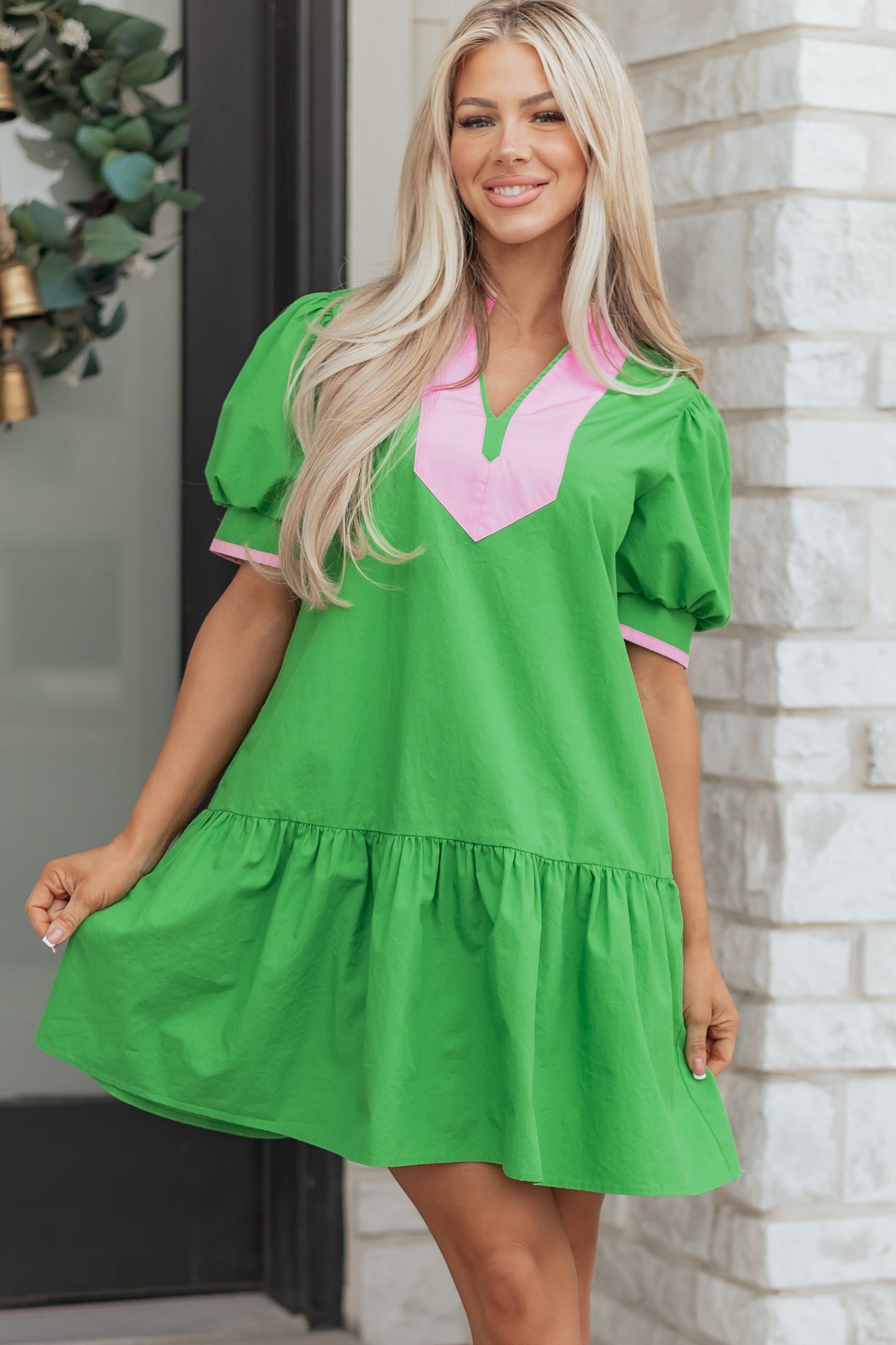 Colorblock Split Neck Puff Sleeve Mini Dress