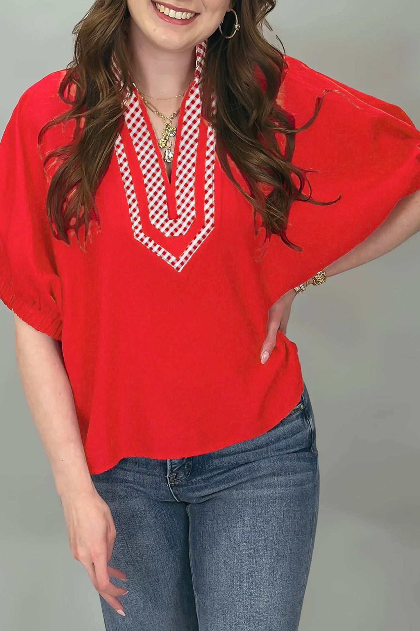 Gingham Collared V-Neck Short Sleeve Tunic Blouse