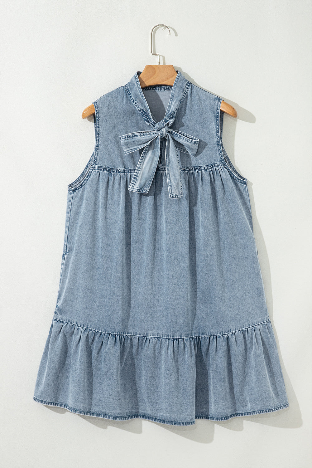 Chambray Bow Neck Sleeveless Ruffle Dress