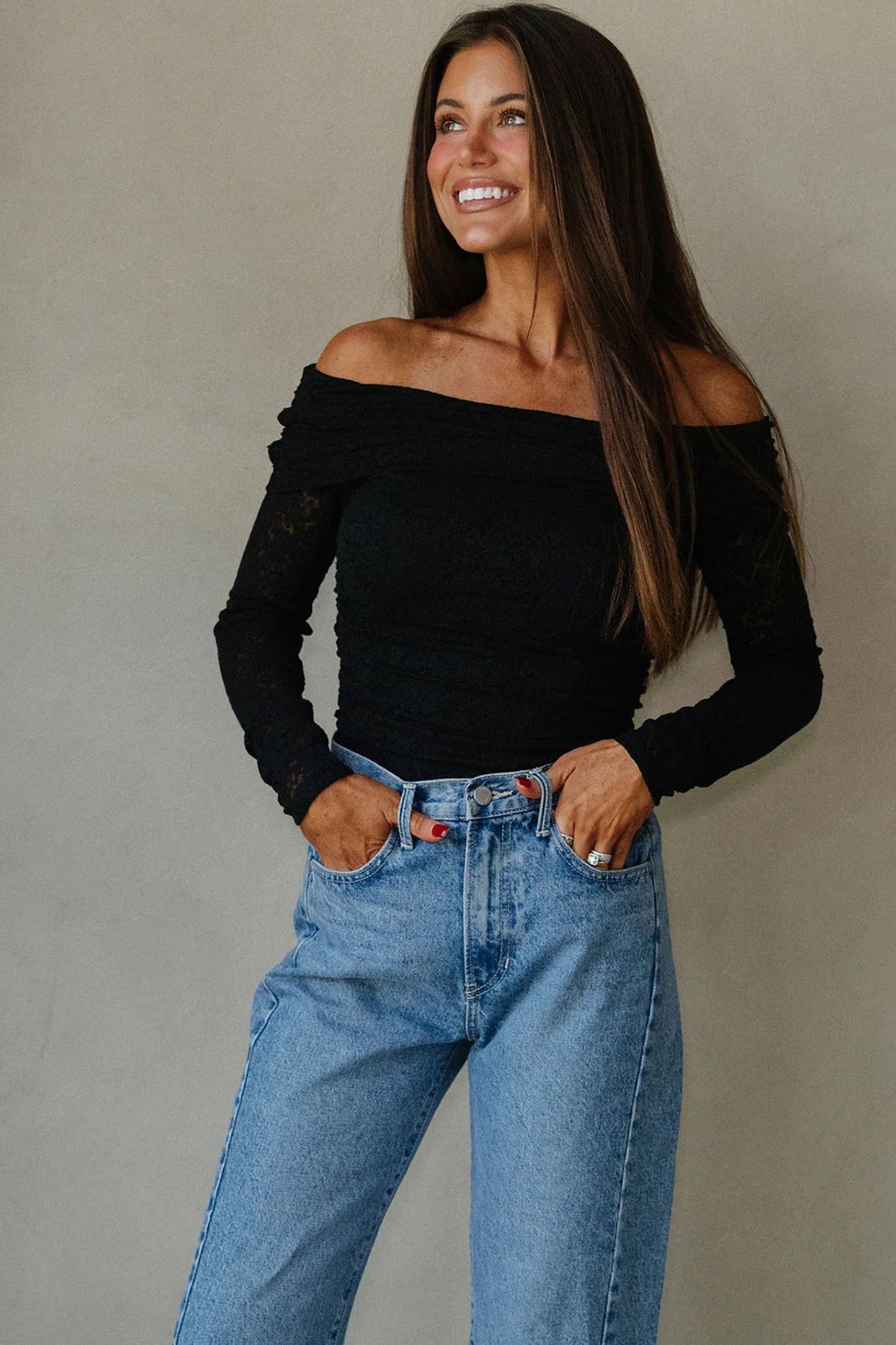Floral Lace Off Shoulder Long Sleeve Top