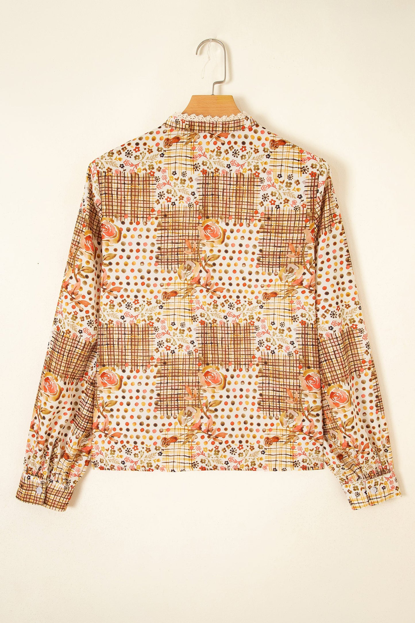 Floral Lace Trim Button Down Long Sleeve Shirt