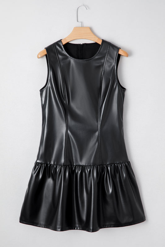 Faux Leather Ruffle Hem Sleeveless Mini Dress
