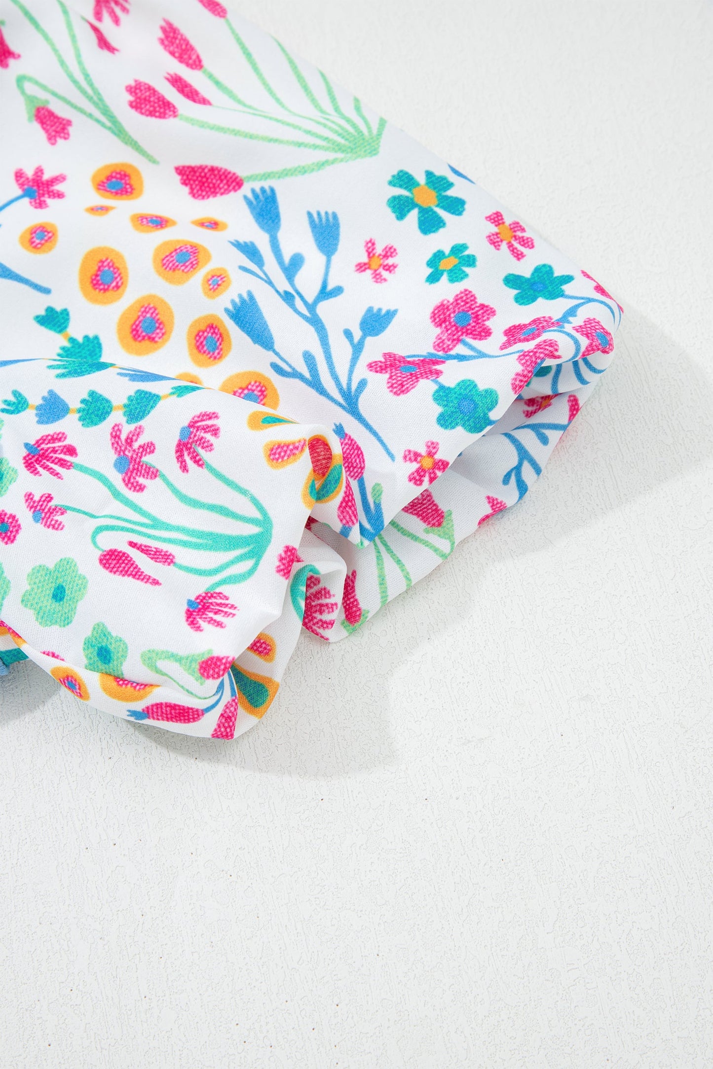 Floral Patchwork Bubble Sleeve Textured Blouse