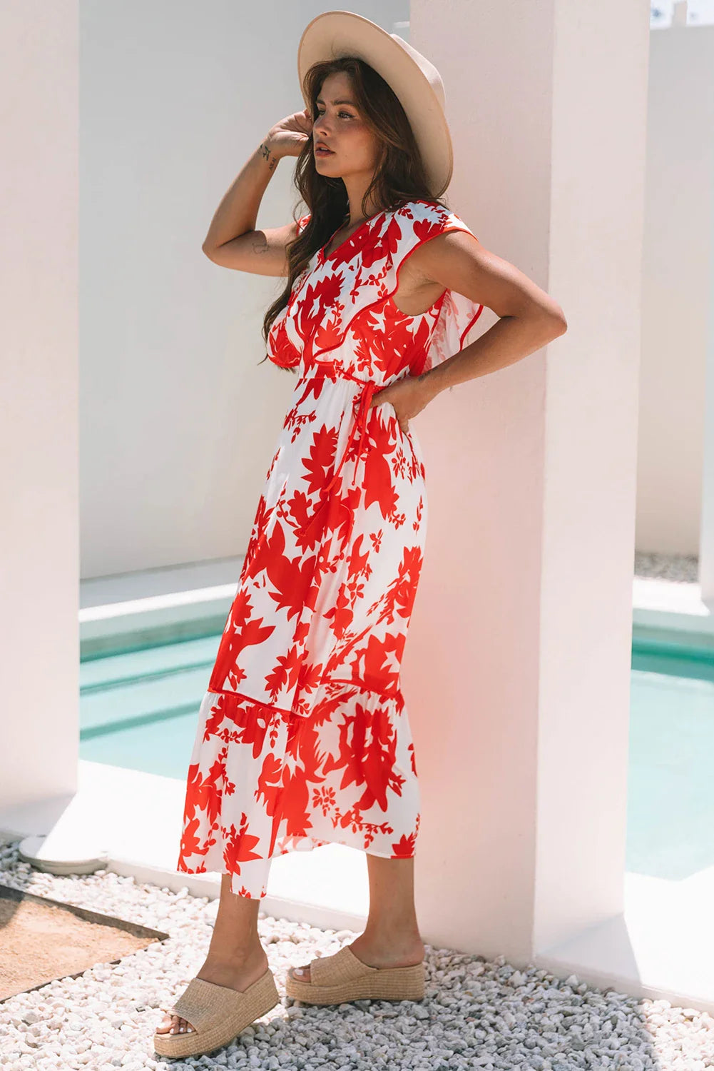 Floral Trim V-Neck Ruffle Sleeve Long Dress