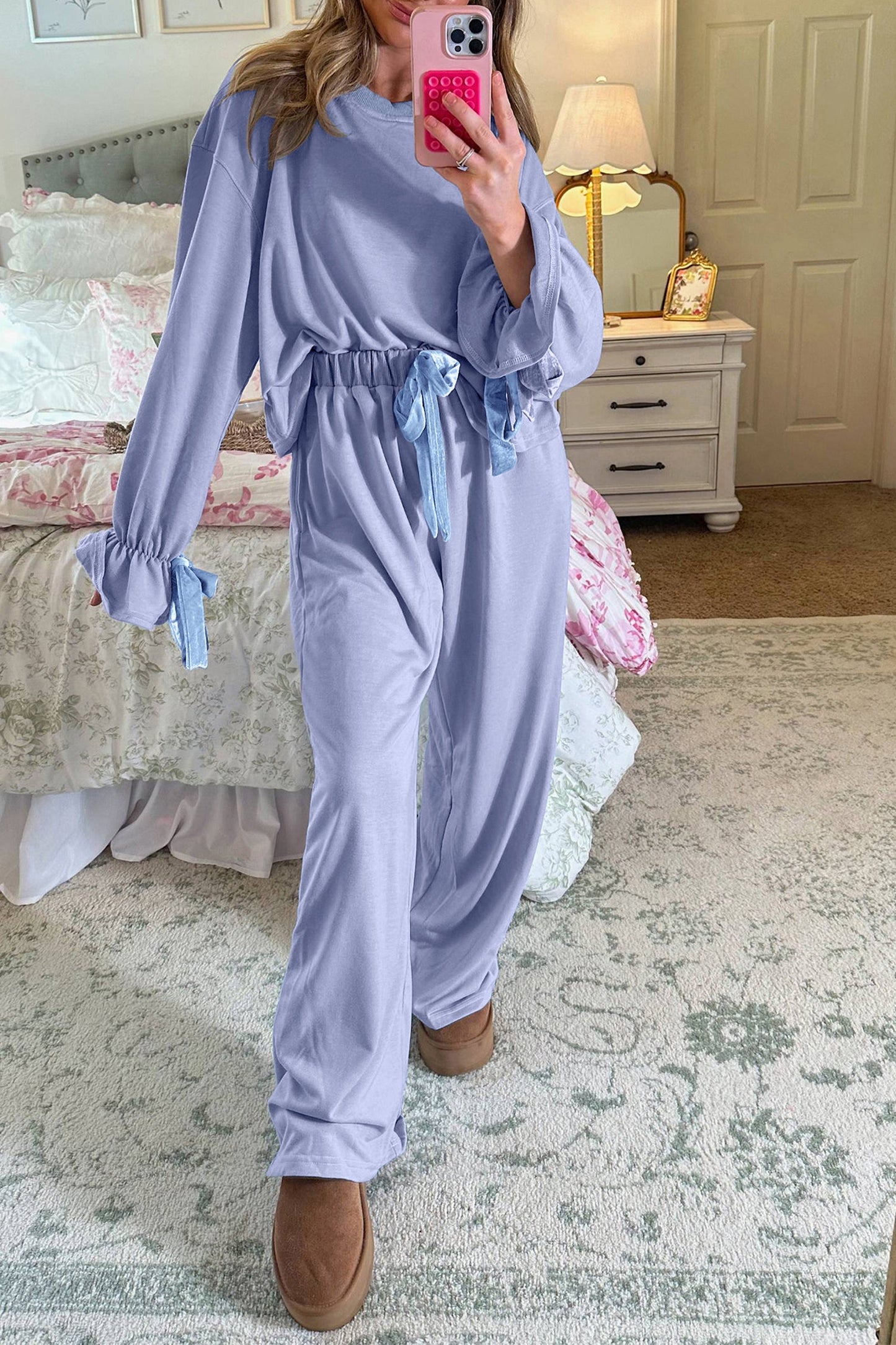 Flounce Long Sleeve Top and Drawstring Pants Set