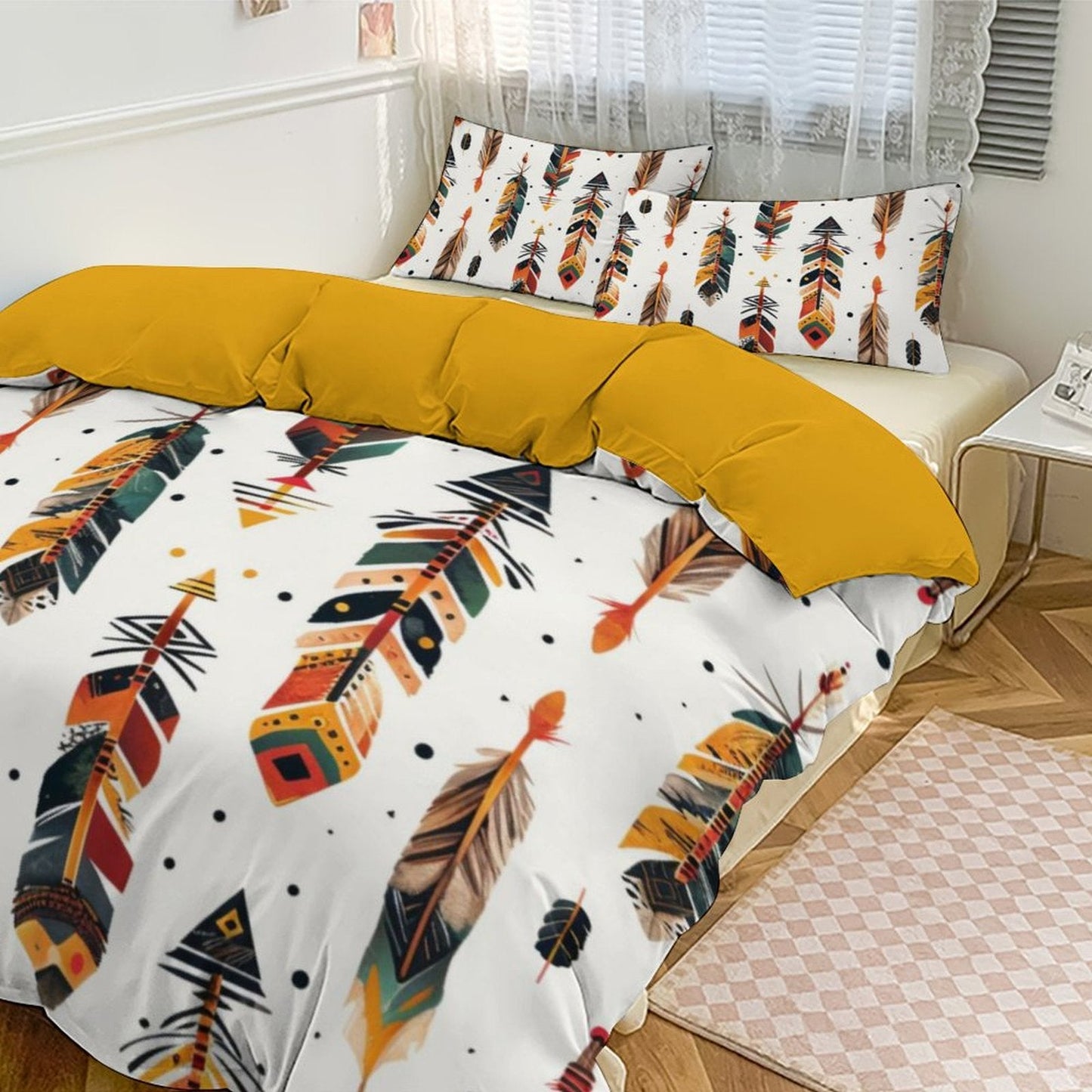 Boho Feather Print 3-Piece Bedding Set (1 Duvet Cover + 2 Pillow Shams) – 102"×90"