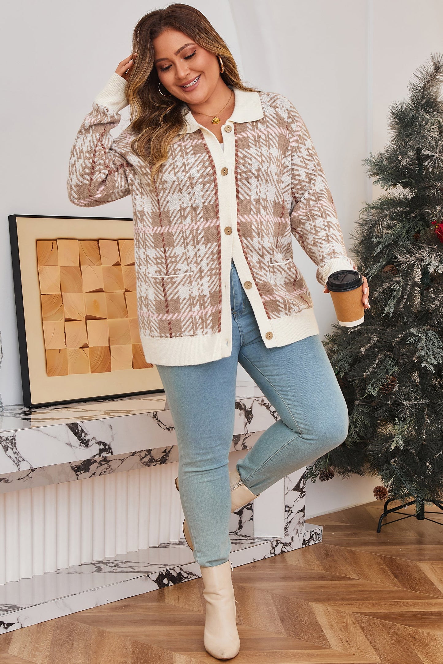 Plus Size Plaid Ribbed Trim Button Front Cardigan