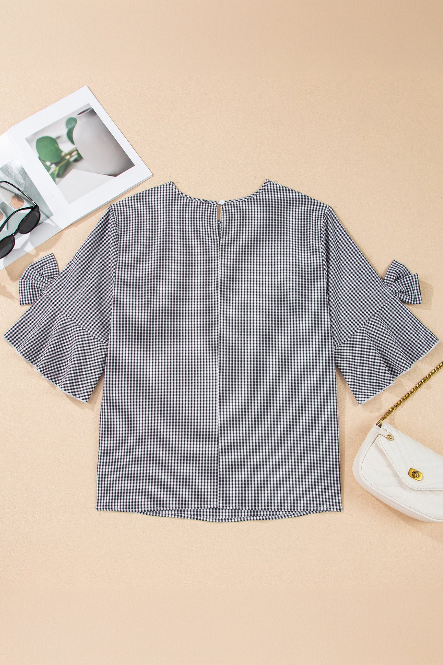 Plus Size Gingham Bow Ruffle Sleeve Top