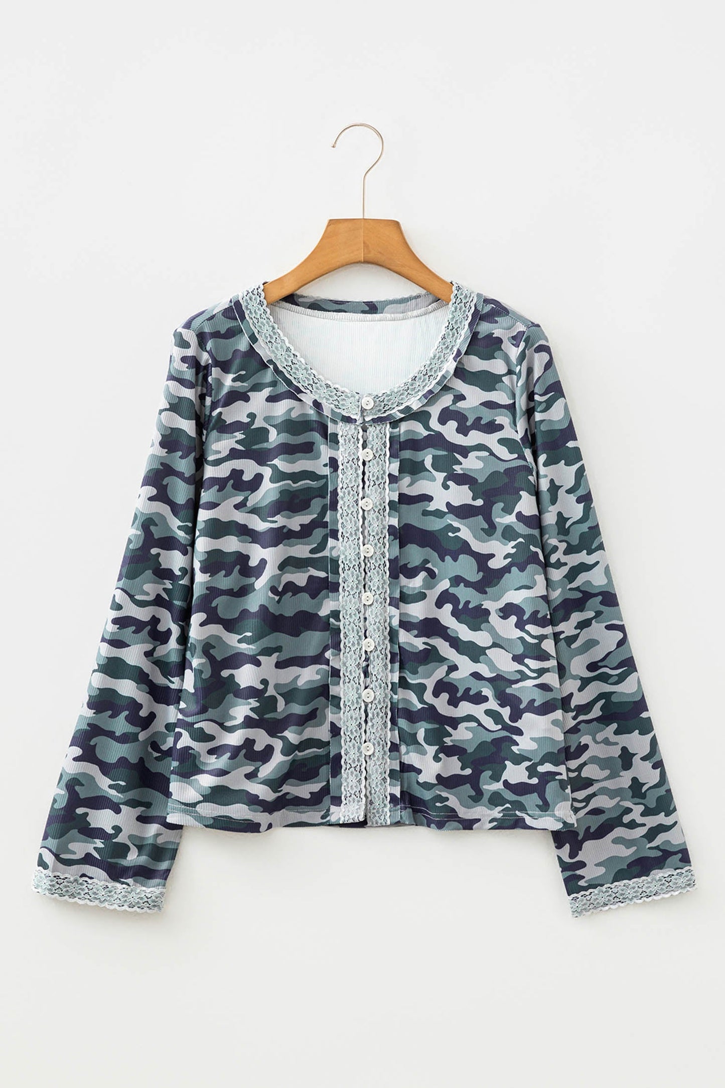 Camo Lace Patchwork Buttoned Long Sleeve Top