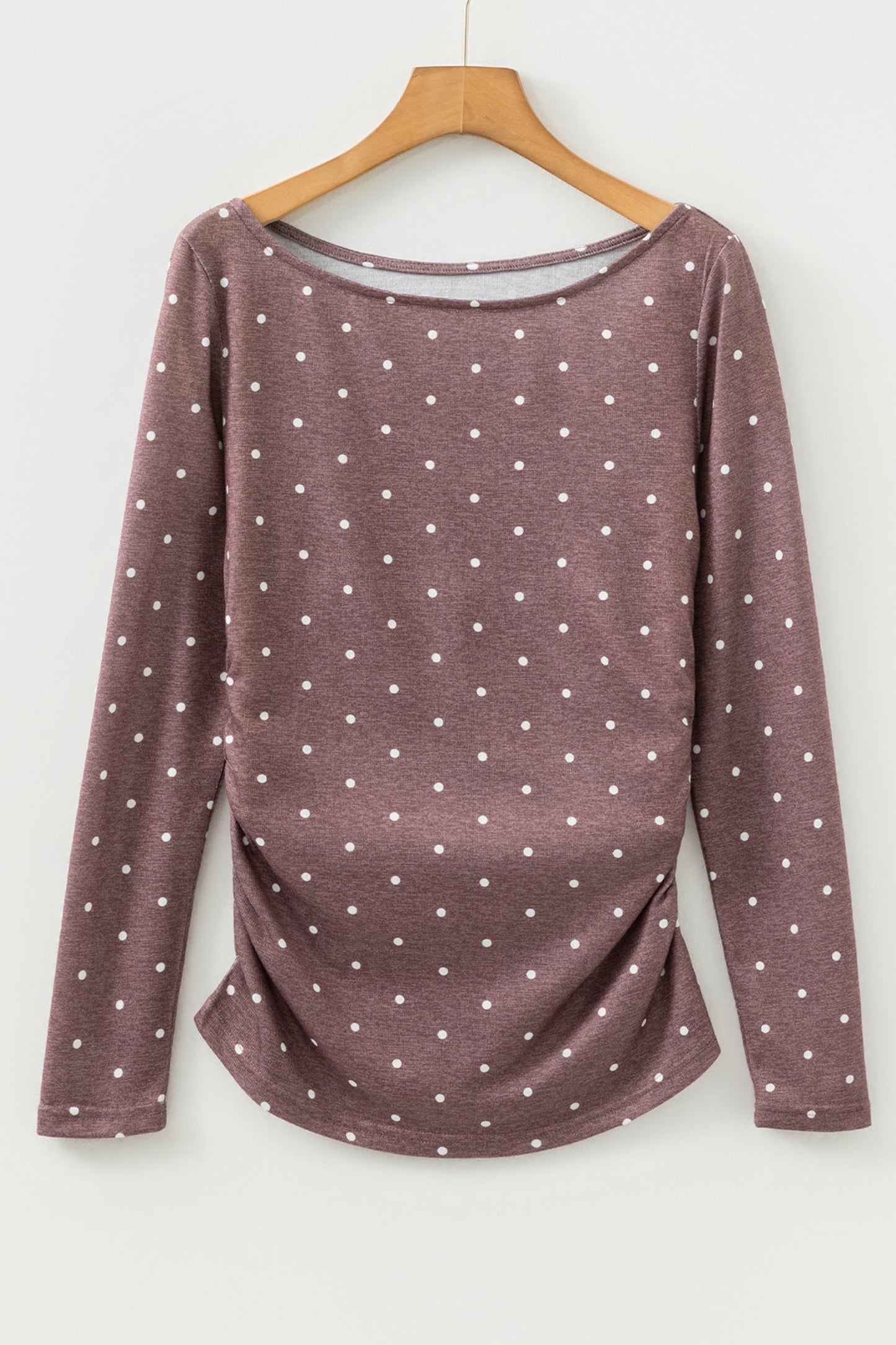 Polka Dot Boat Neck Long Sleeve Ruched T-Shirt