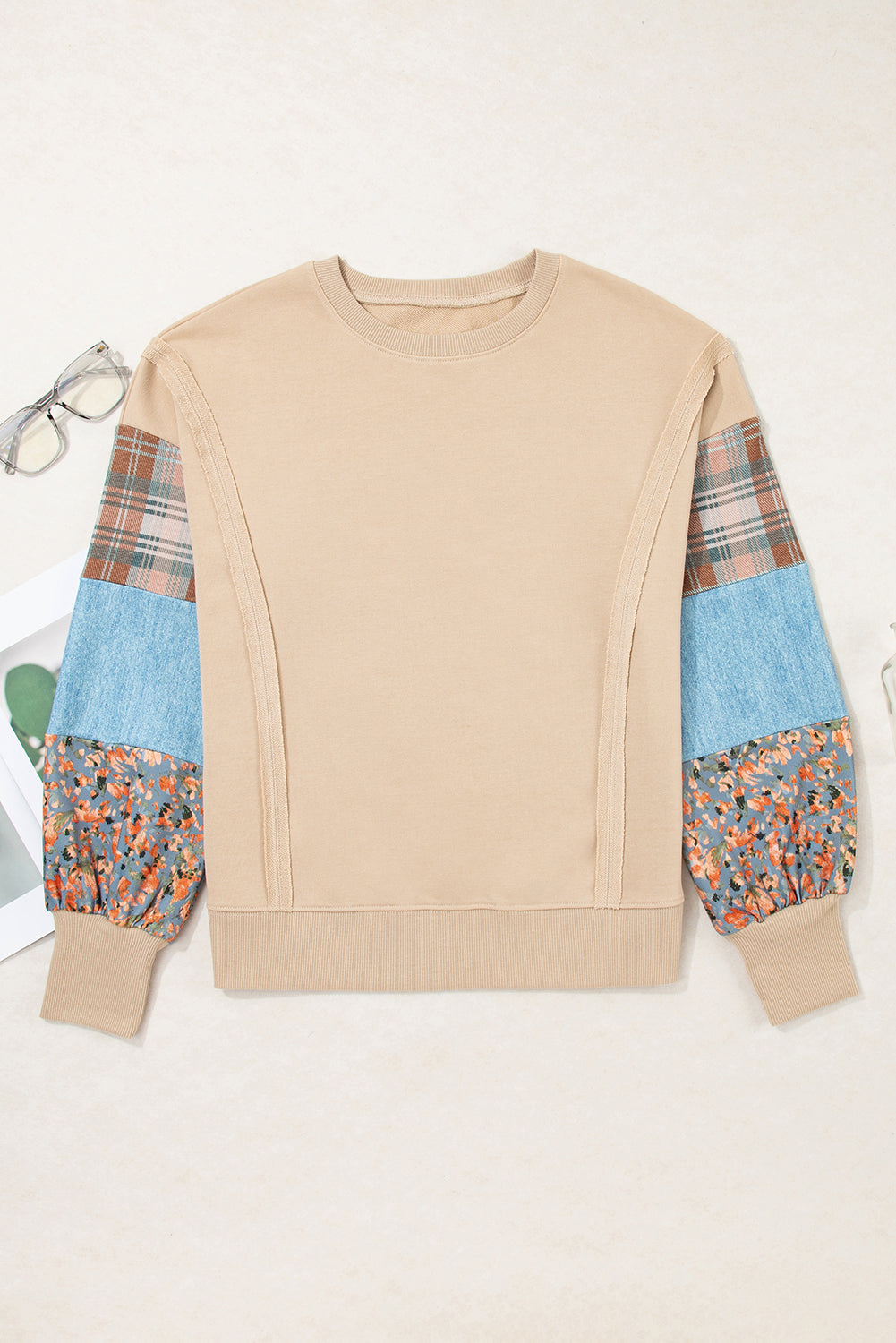Plaid Colorblock Patchwork Sleeve Reverse Seam Sweatshirt
