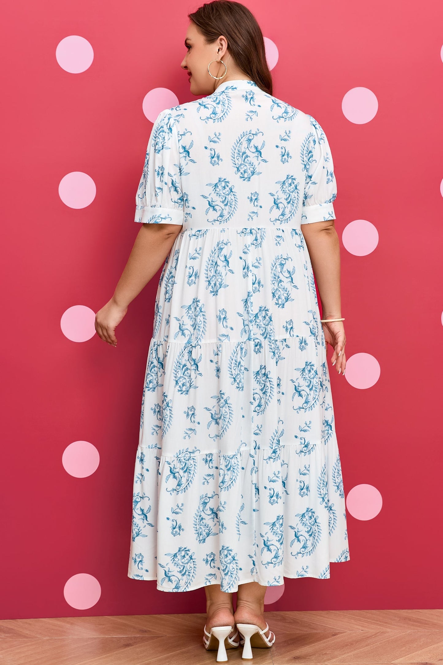 Plus Size Floral Geometric Split Neck Maxi Dress
