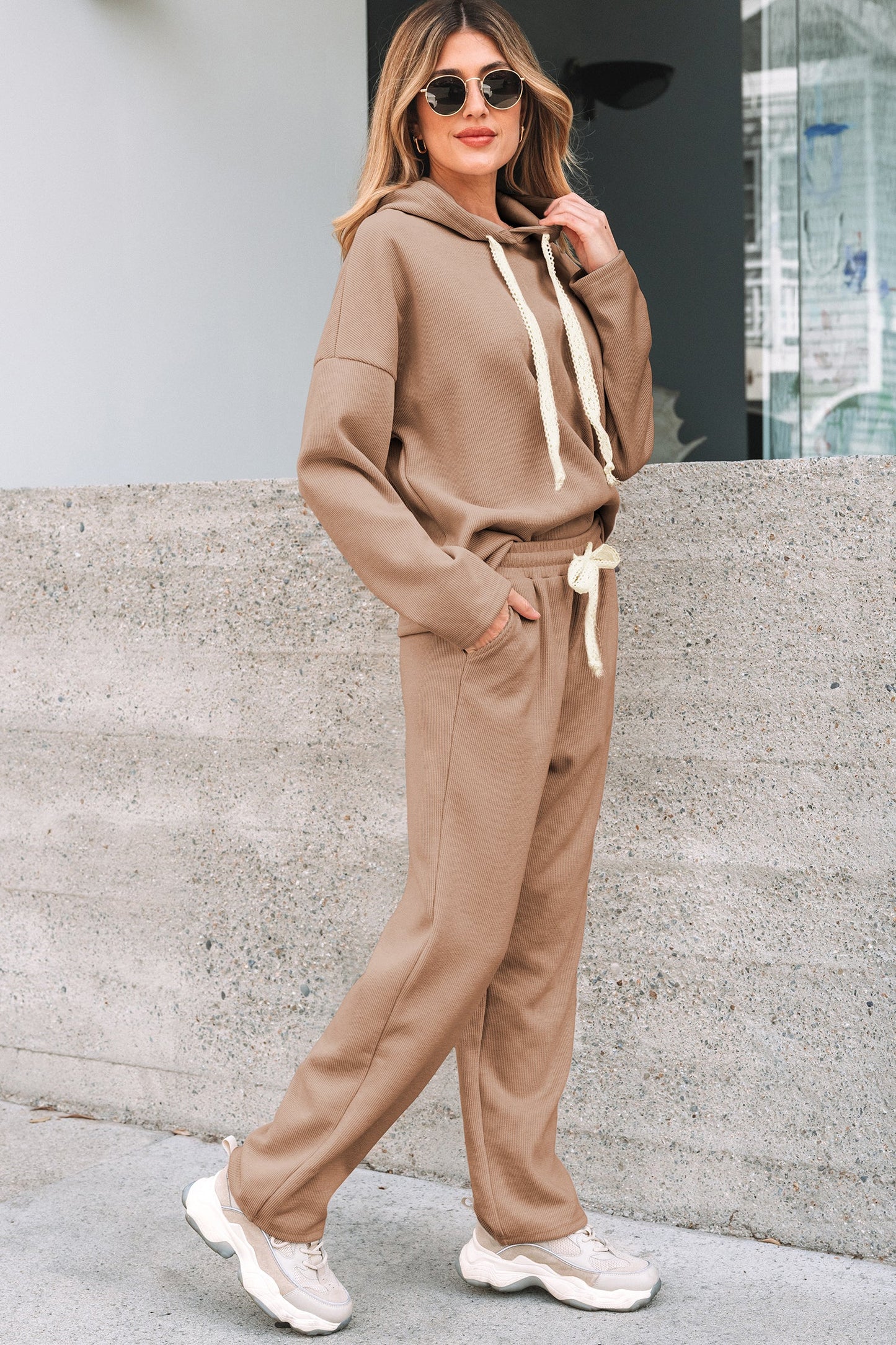 Solid Corduroy Lace Hoodie and Pants Set