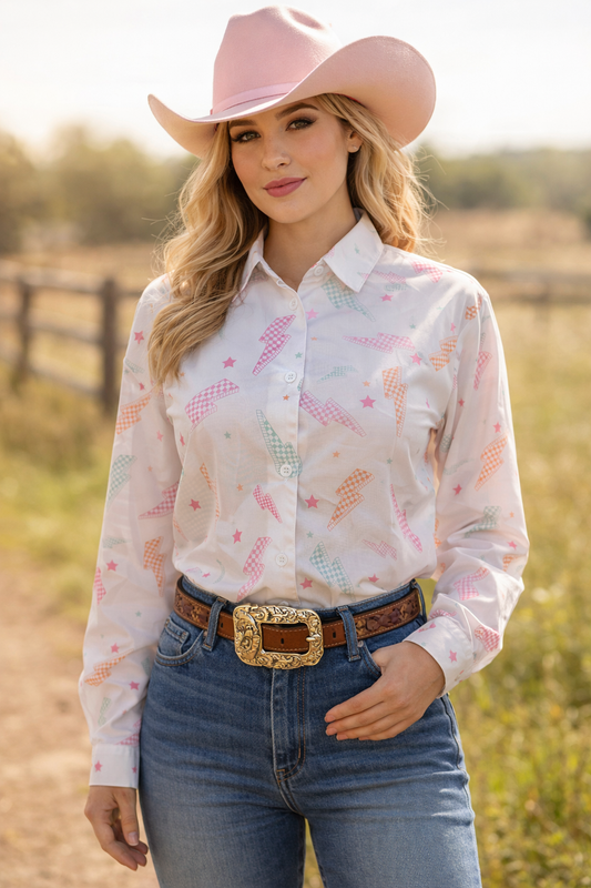 Plaid Lightning Stain Resistant Button-Up Rodeo Shirt Blouse
