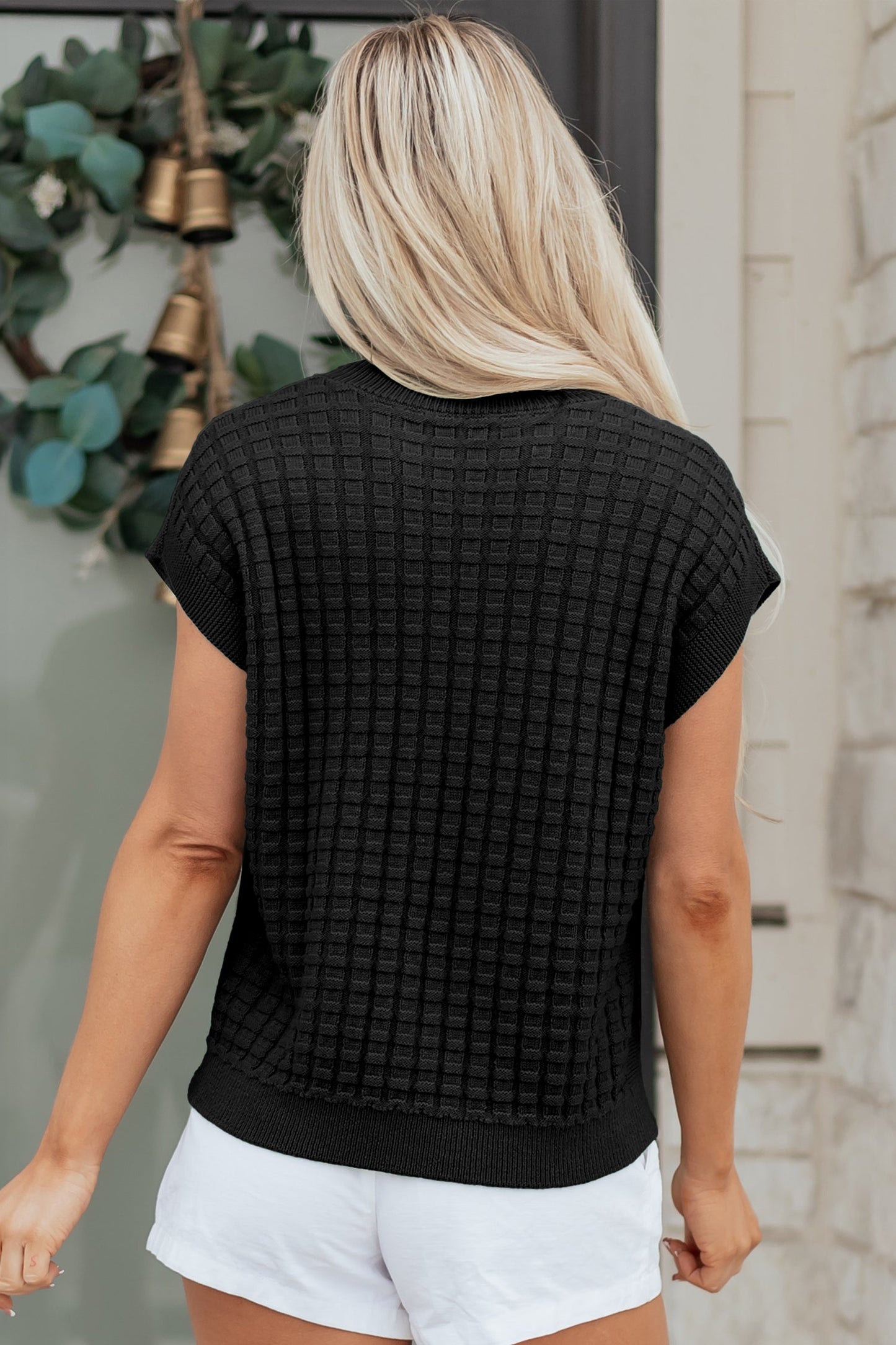 Solid Textured Round Neck Short Sleeve Sweater