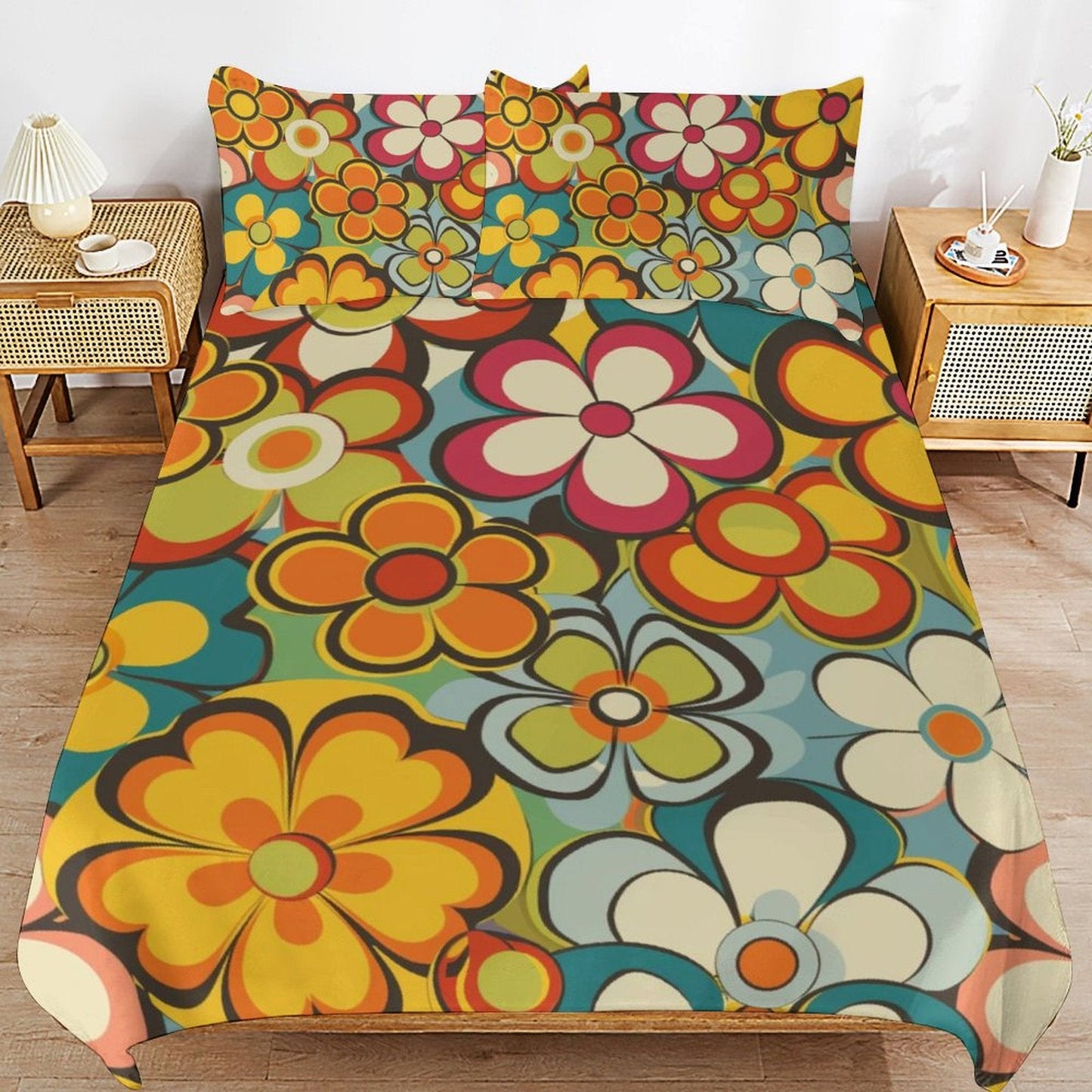 Groovy Floral Hippie Reversible 3-Piece Bedding Set (1 Duvet Cover + 2 Pillow Shams) – 102"×90"
