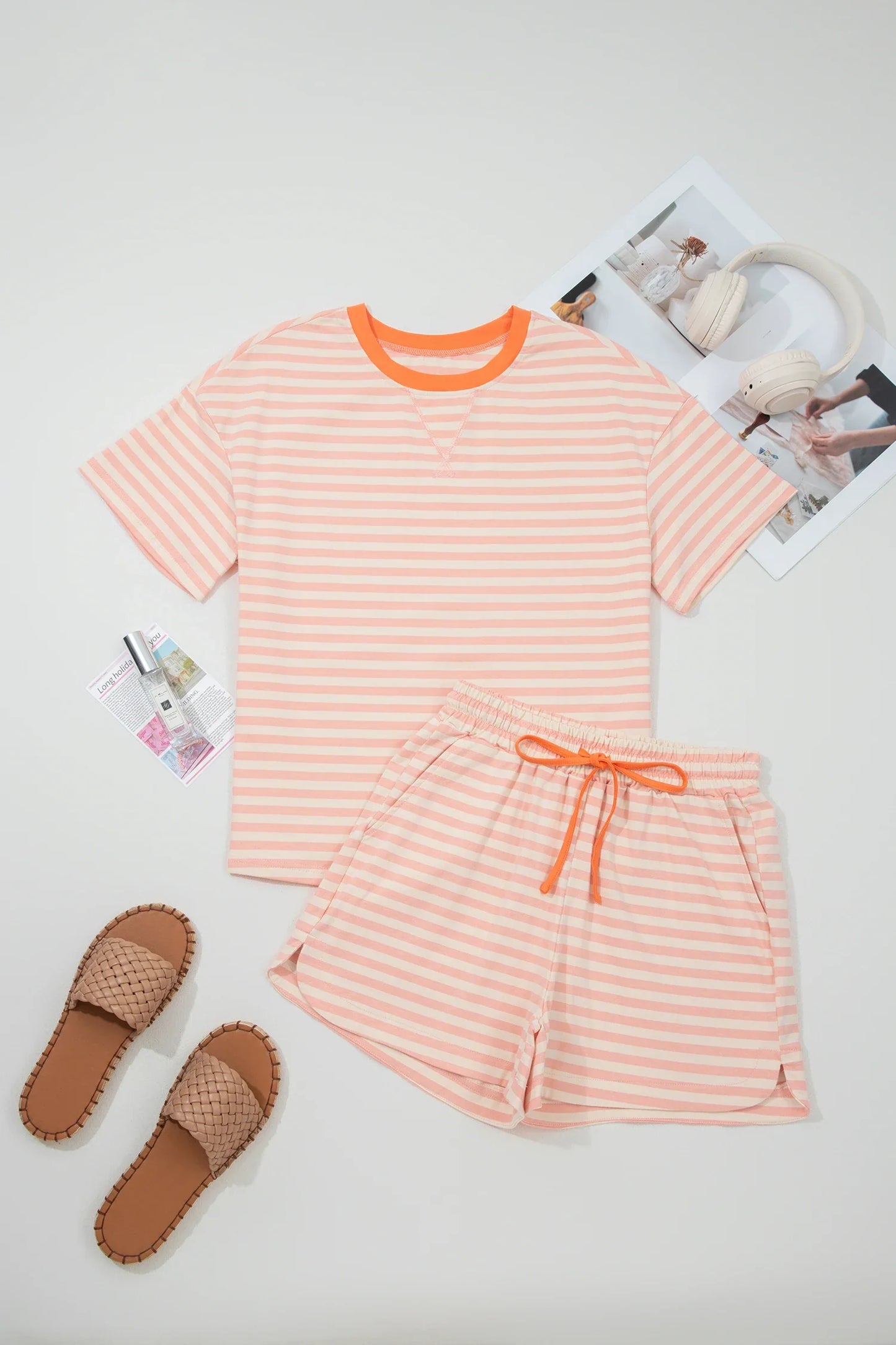 Stripe Contrast Neck Loose Tee & Drawstring Shorts Set